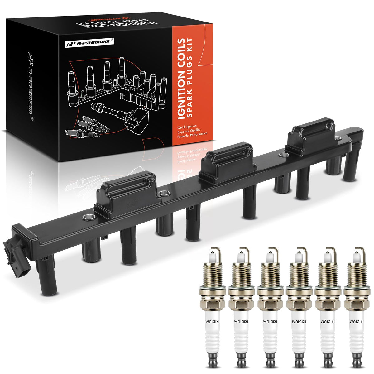 A-Premium 1x Ignition Coil Pack and 6x Iridium Spark Plugs Compatible with Jeep Grand Cherokee 2000-2004, Wrangler 2000-2006 L6 