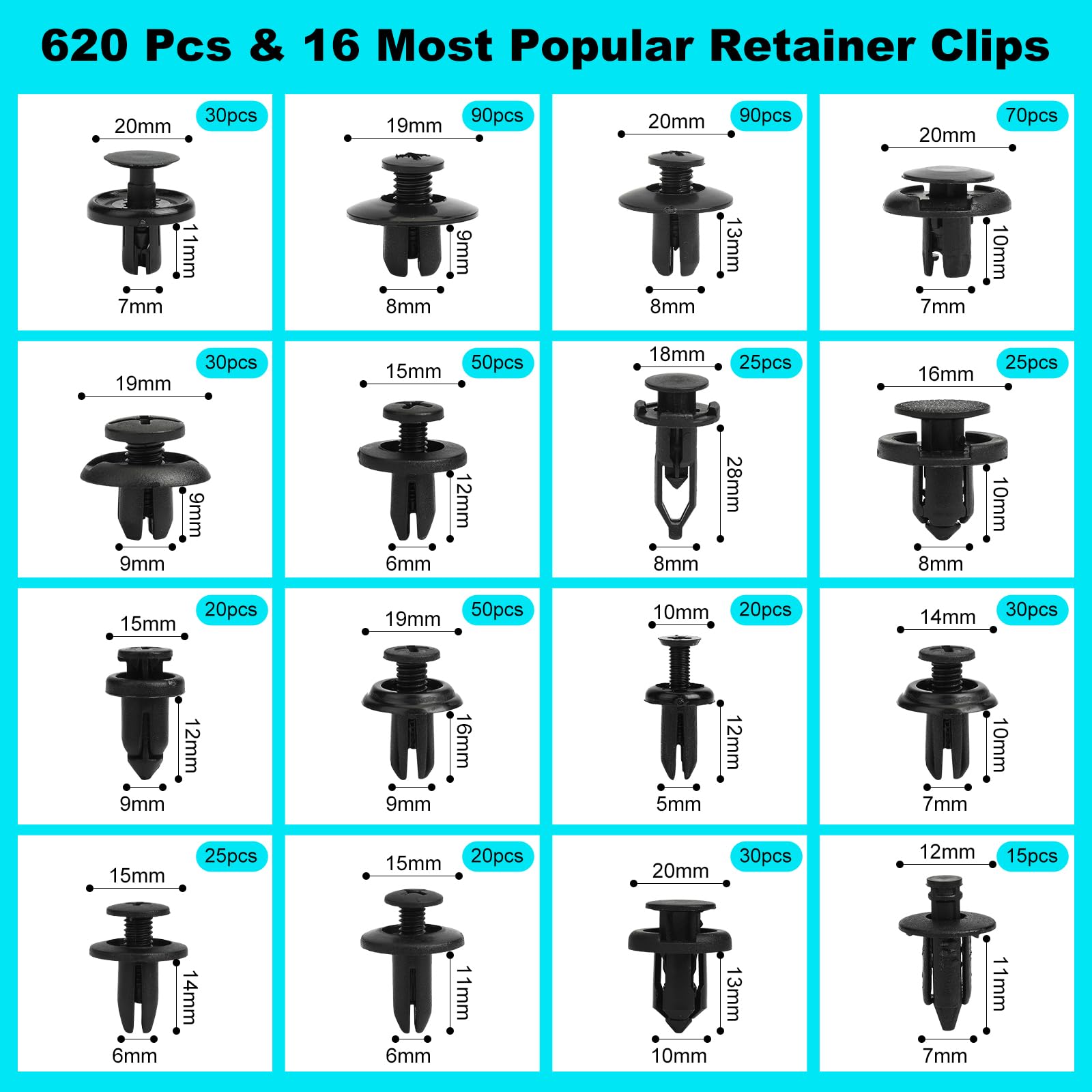 620Pcs Push-Type Retainer Clips, Bumper Fender Nylon Rivets Of 16 Most Popular Sizes And 5 Fastener Removers For Most Models
