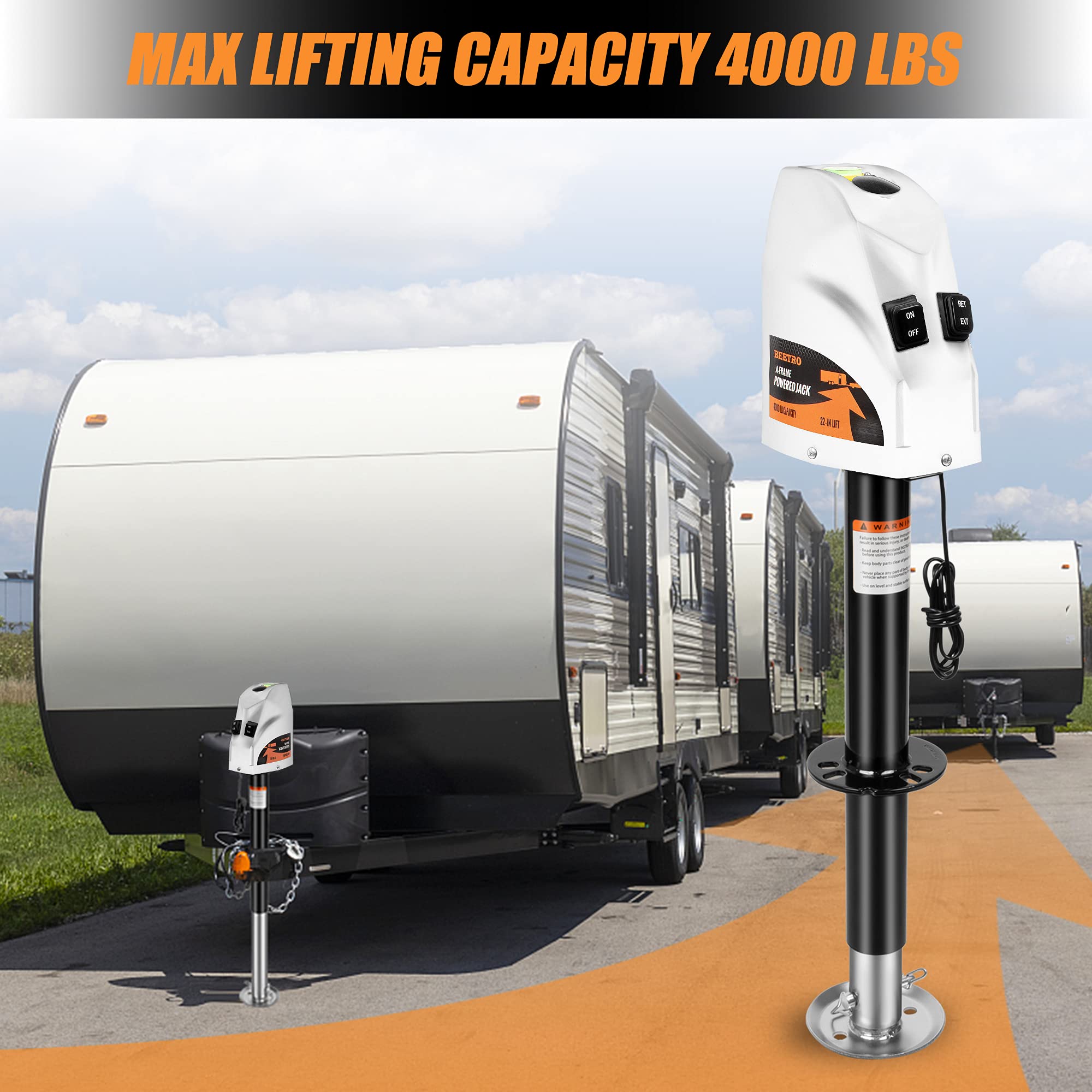 Beetro 4000 Lbs Power Tongue Jack, Heavy Duty Electric Trailer Jack For Travel And Camper, 22" Lift, 12V Dc, White