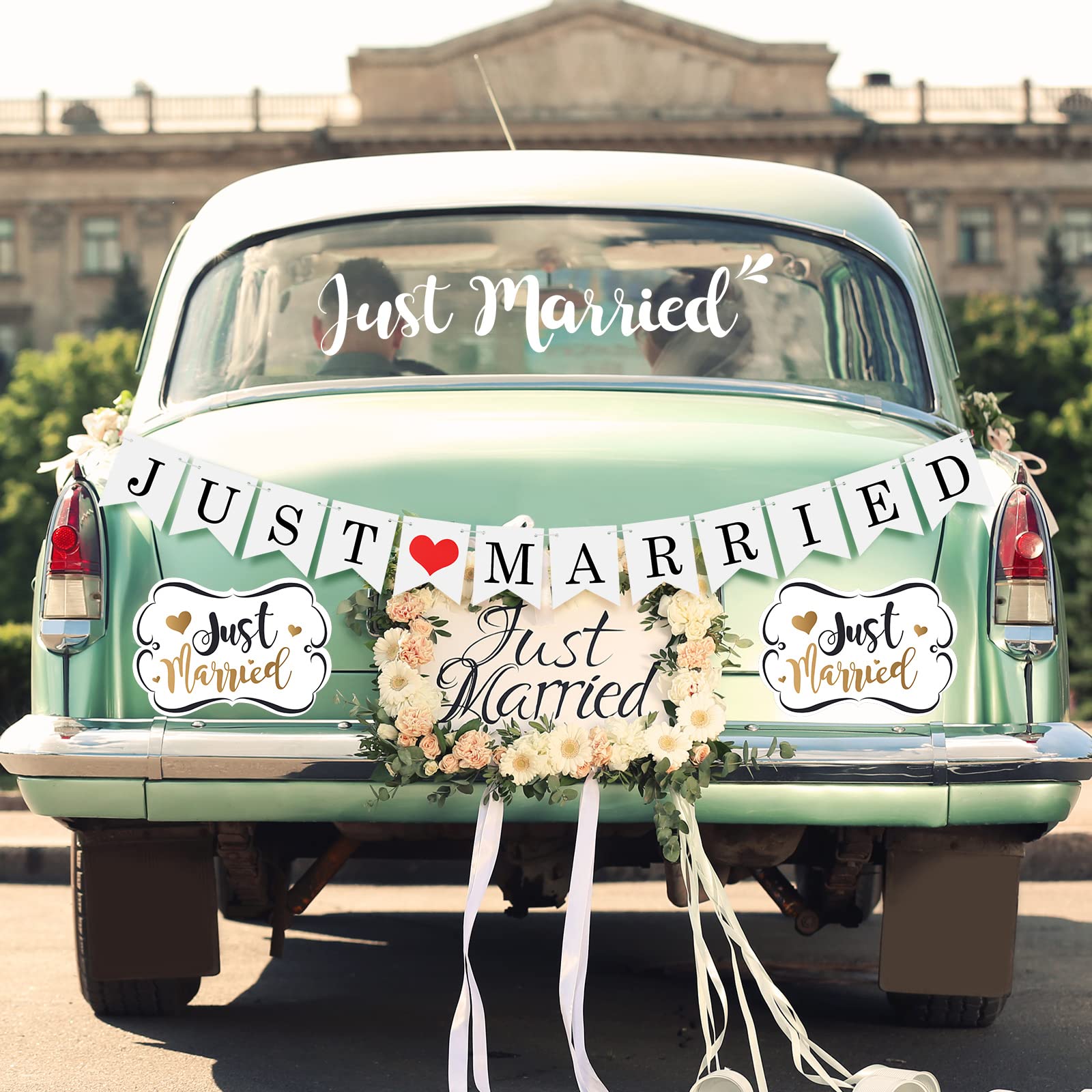 Tallew 4 Sets Just Married Car Decorations Ornate Magnets 12 X 7.5, Wedding Day Car Window Decals 5.1 X 22.4, Just Married Sign Banner Decorations For Honeymoon Wedding