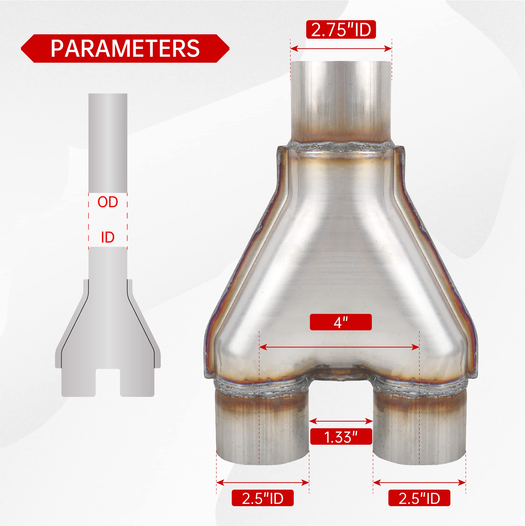 Fgjqefg T409 Stainless Steel Y Pipe 2.75'' Inch Id Single To 2.5'' Inch Id Dual Stamped Exhaust Adapter Connector, Overall Length: Approx. 10, Universal