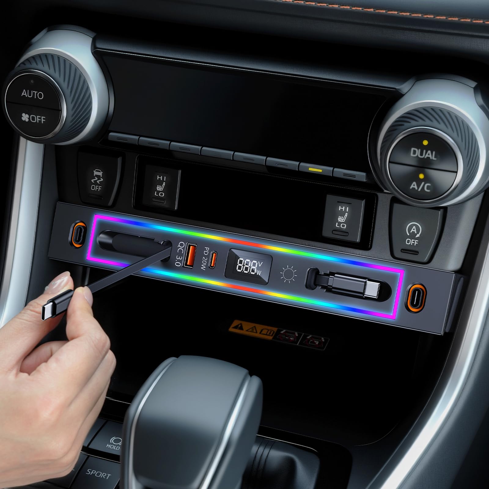DICMKY for Toyota RAV4 Car Charger USB Hub with RGB Light, 4-Port Retractable Docking Station for Toyota RAV4 Accessories 2025 2