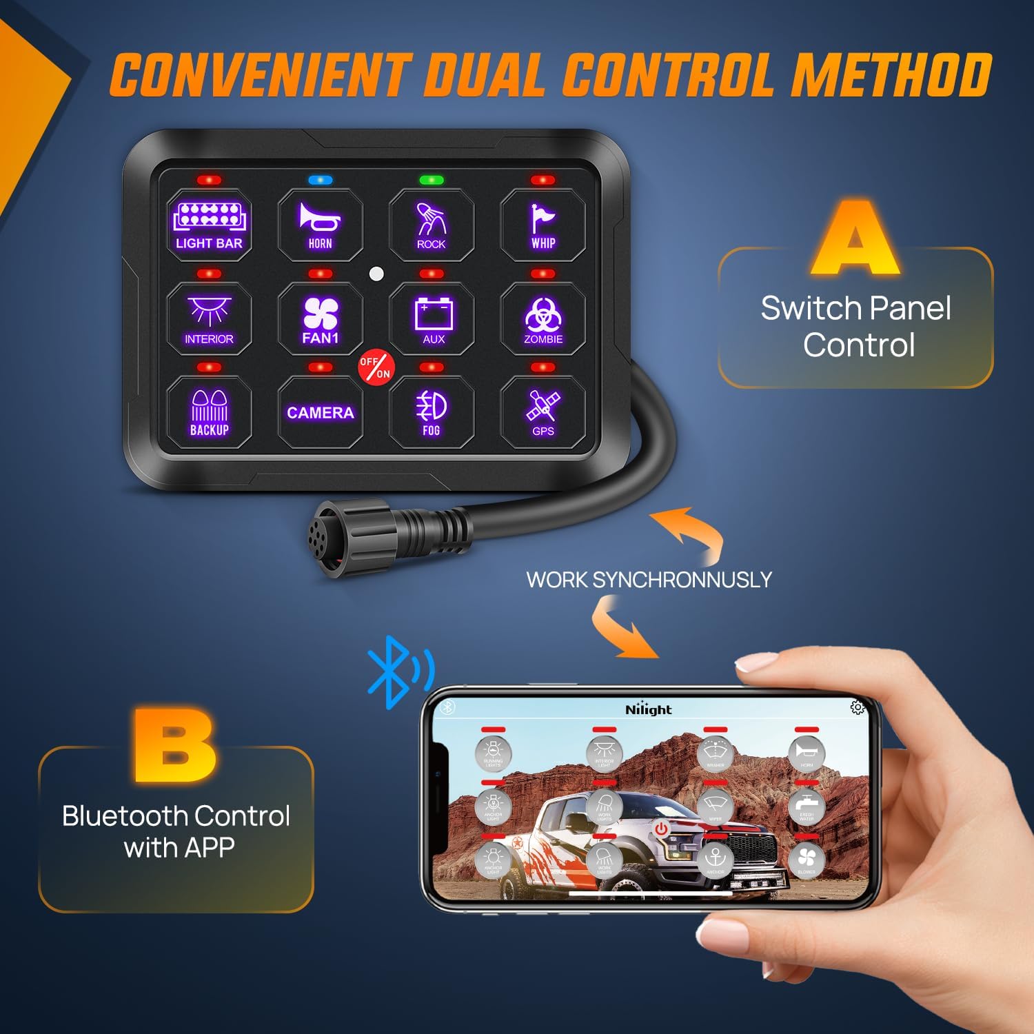 Nilight 12 Gang Switch Panel 12V 24V Universal Circuit Control Relay System with RGB Backlight APP Fuse Wiring Harness Automatic