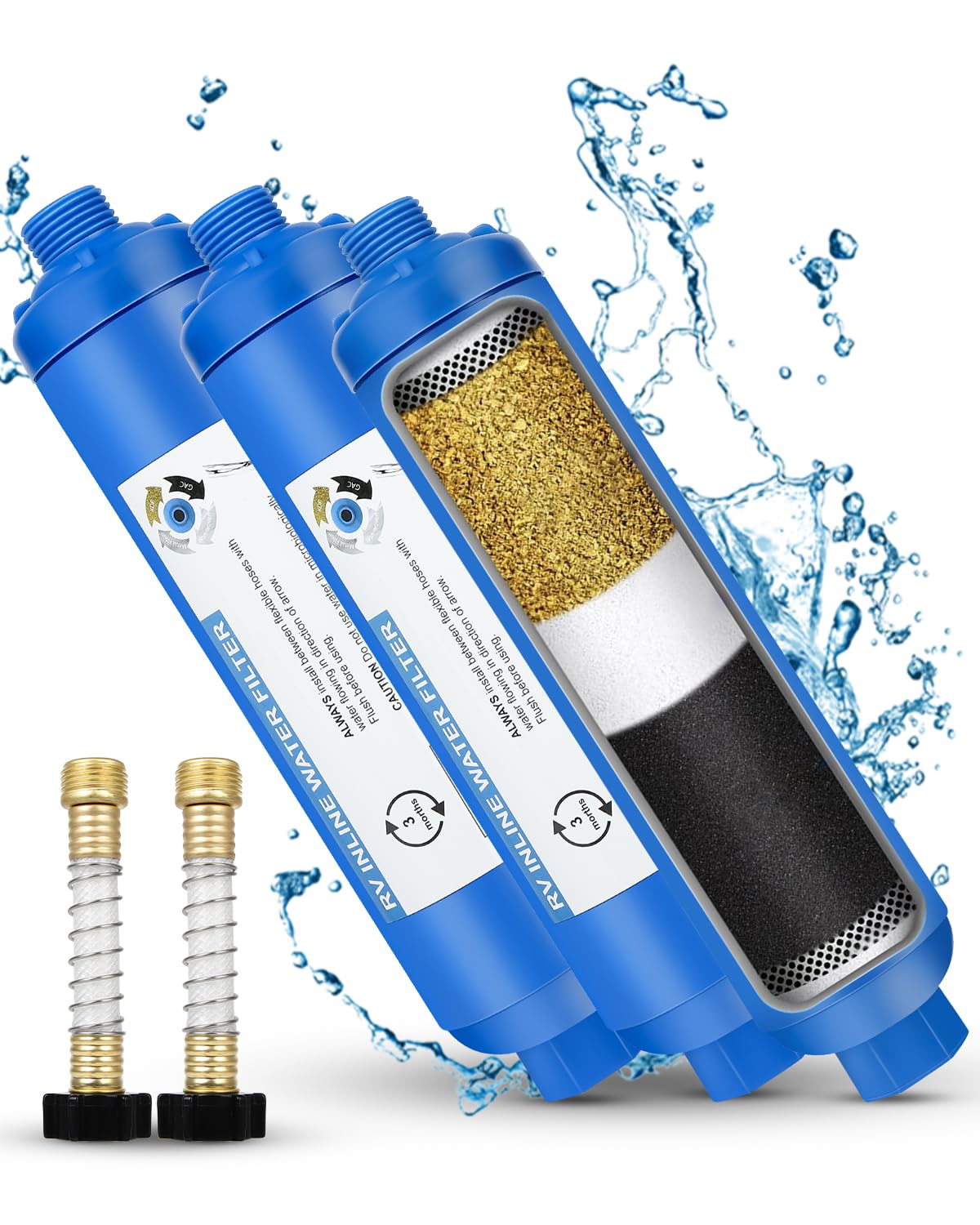 RV Inline Water Filter with 2 Flexible Hose Protector, Reduces Chlorine, Bad Taste, Rust, Corrosion, Sediments, and Turbidity, I
