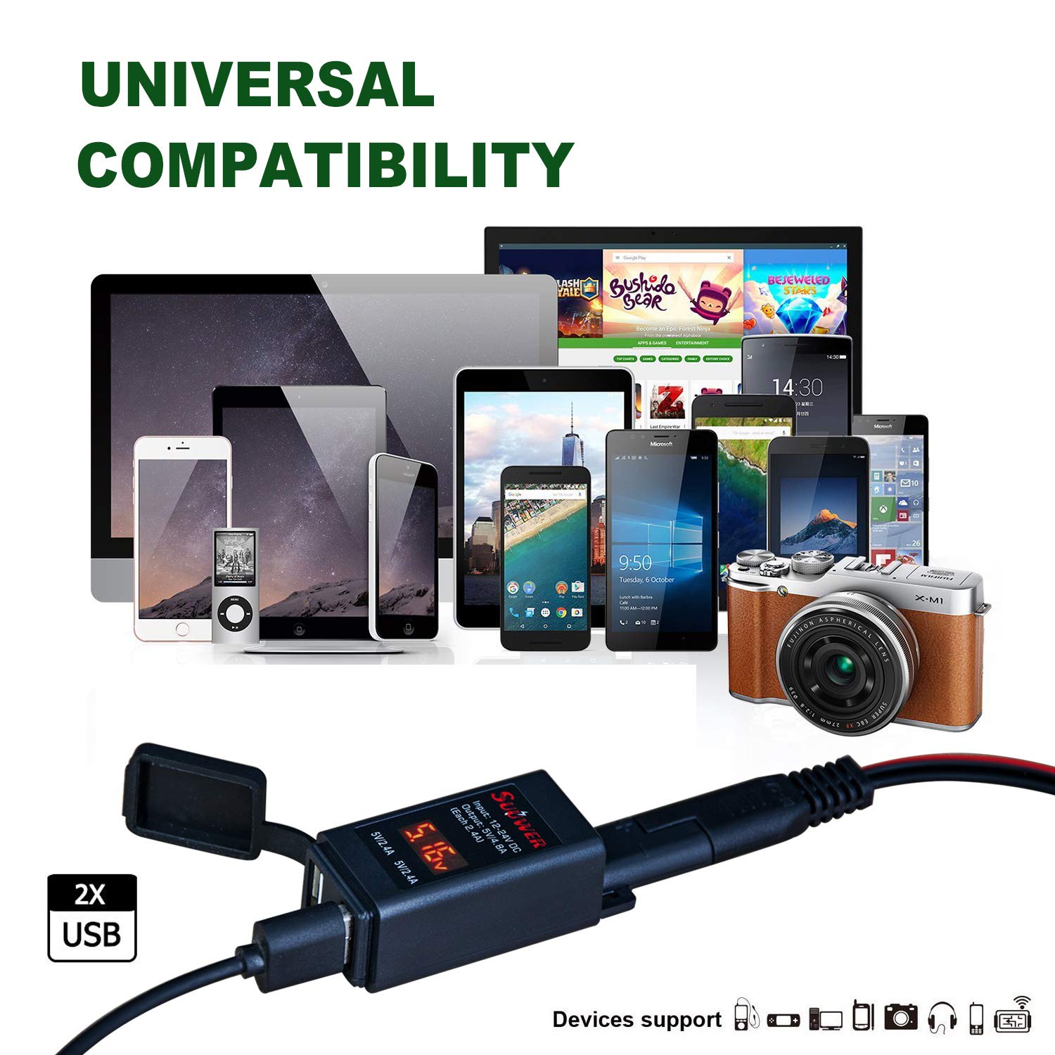 Suuwer 4.8A Motorcycle USB Charger, Quick Disconnect SAE to Dual USB Adapter Motorcycle Phone Charger, with LED Voltmeter & ON/O