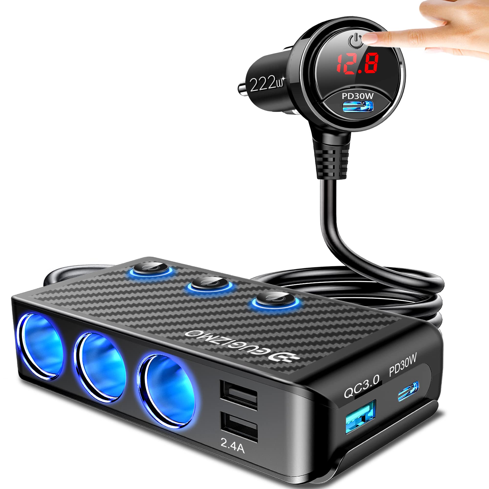 Eugizmo Cigarette Lighter Splitter Adapter, 222W 3 Socket Car Cigarette Lighter Plug Splitter Usb Charger Multi Port 12V Car Plug Outlet Splitter With Led Voltage Display Independent Switches