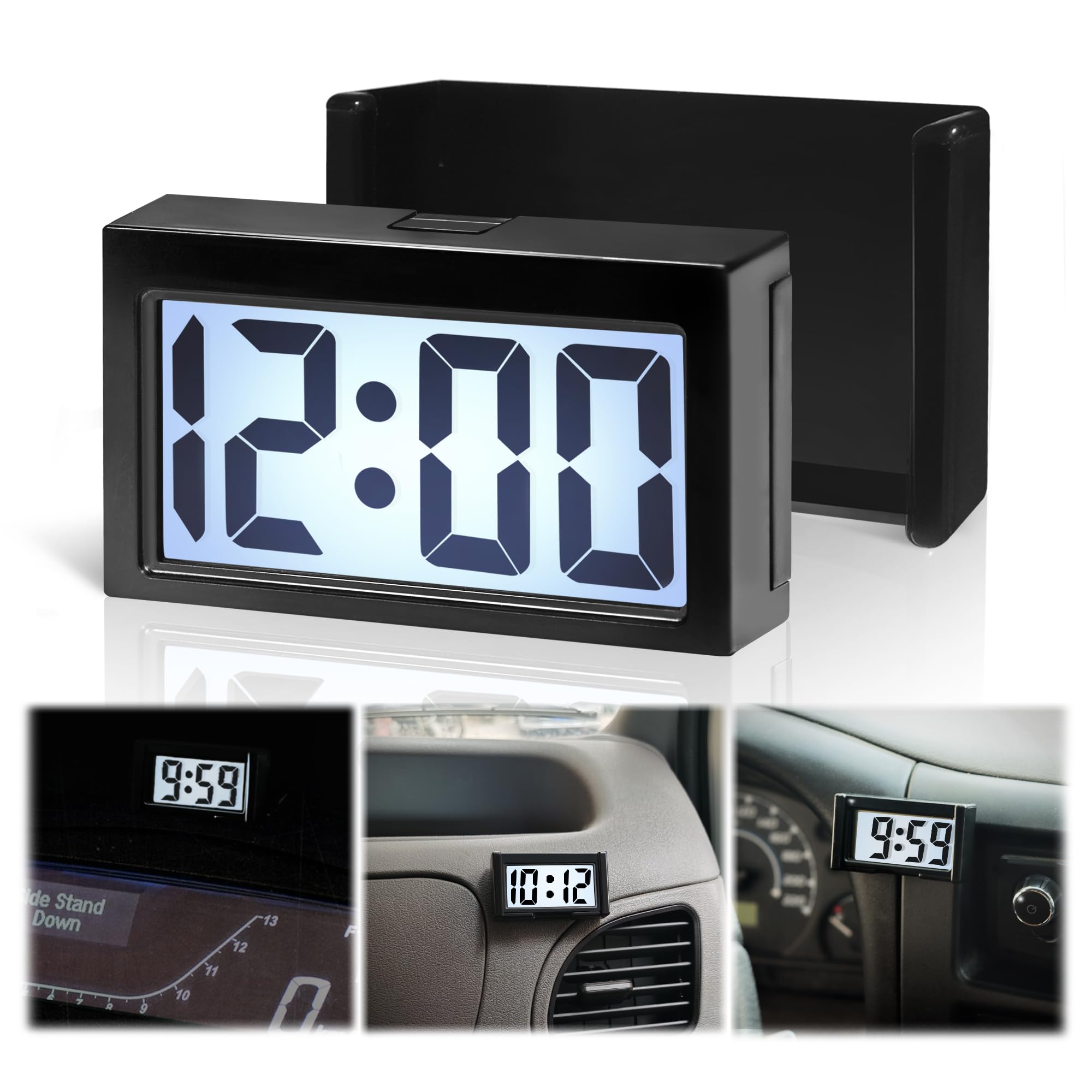 Betus Upgraded Car Digital Clock with Backlight - Stick-On or Clip-On Clock for Dashboard & Air Vent - Large Time & Day Display 