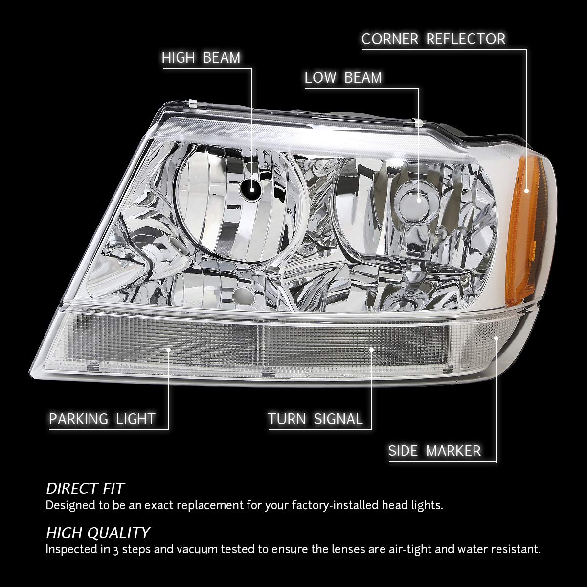DNA MOTORING Chrome Amber Headlights Assembly HL-OH-JGC99-CH-AM for 99-04 Jeep Grand Cherokee