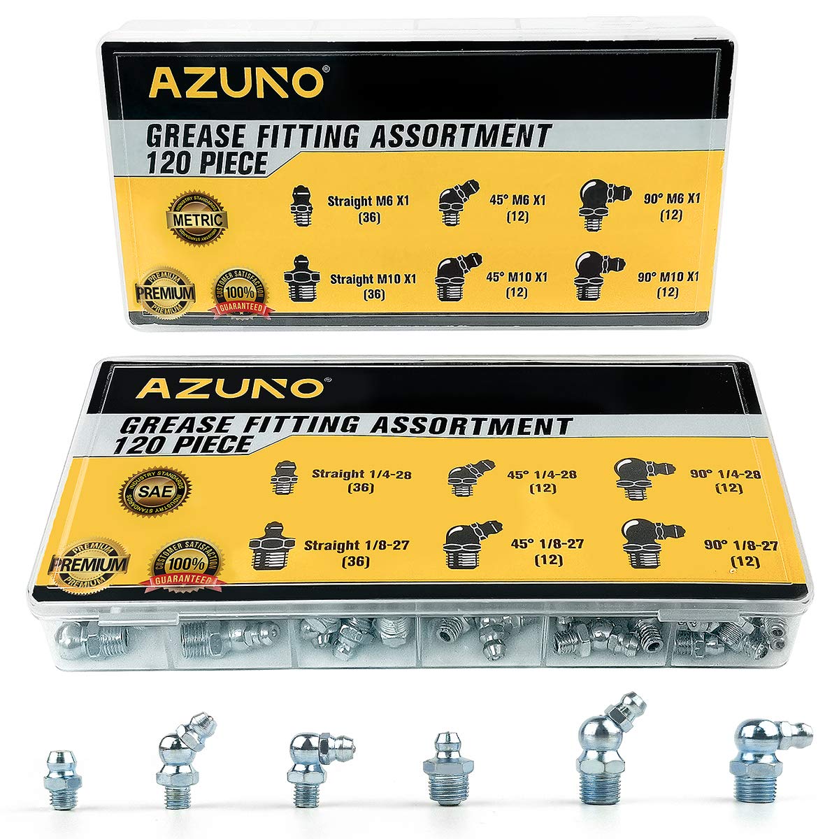 Azuno Hydraulic Grease Fittings, 240 Pieces Sae & Metric Grease Fitting Assortment With 120 Pcs Grease Fitting Caps, Standard Gr