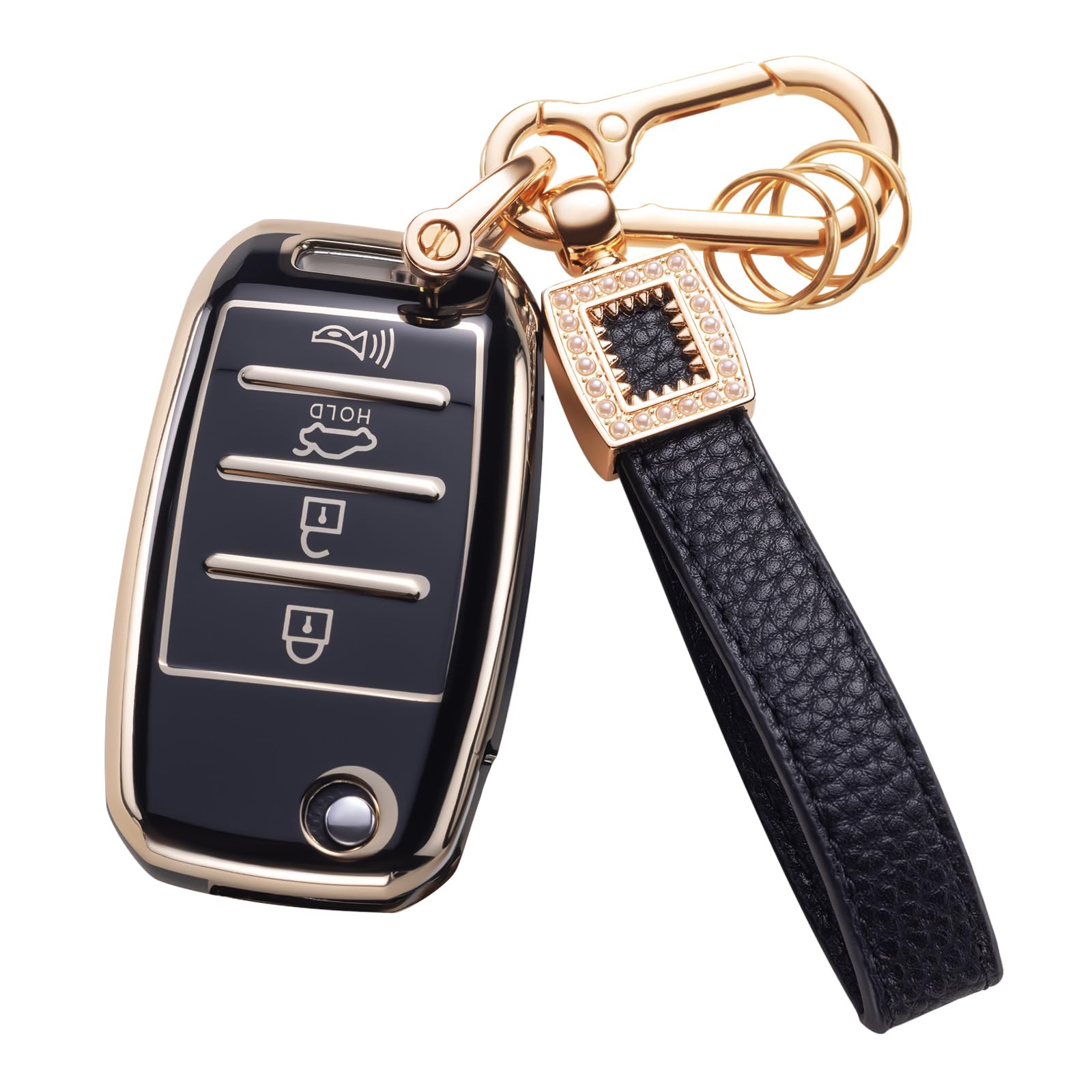 CACARLIKE for KIA Key Fob Cover with Leather Lanyard, Car Key Fob Case Compatible with Sorento Sportage Rio Soul Forte Optima Ca