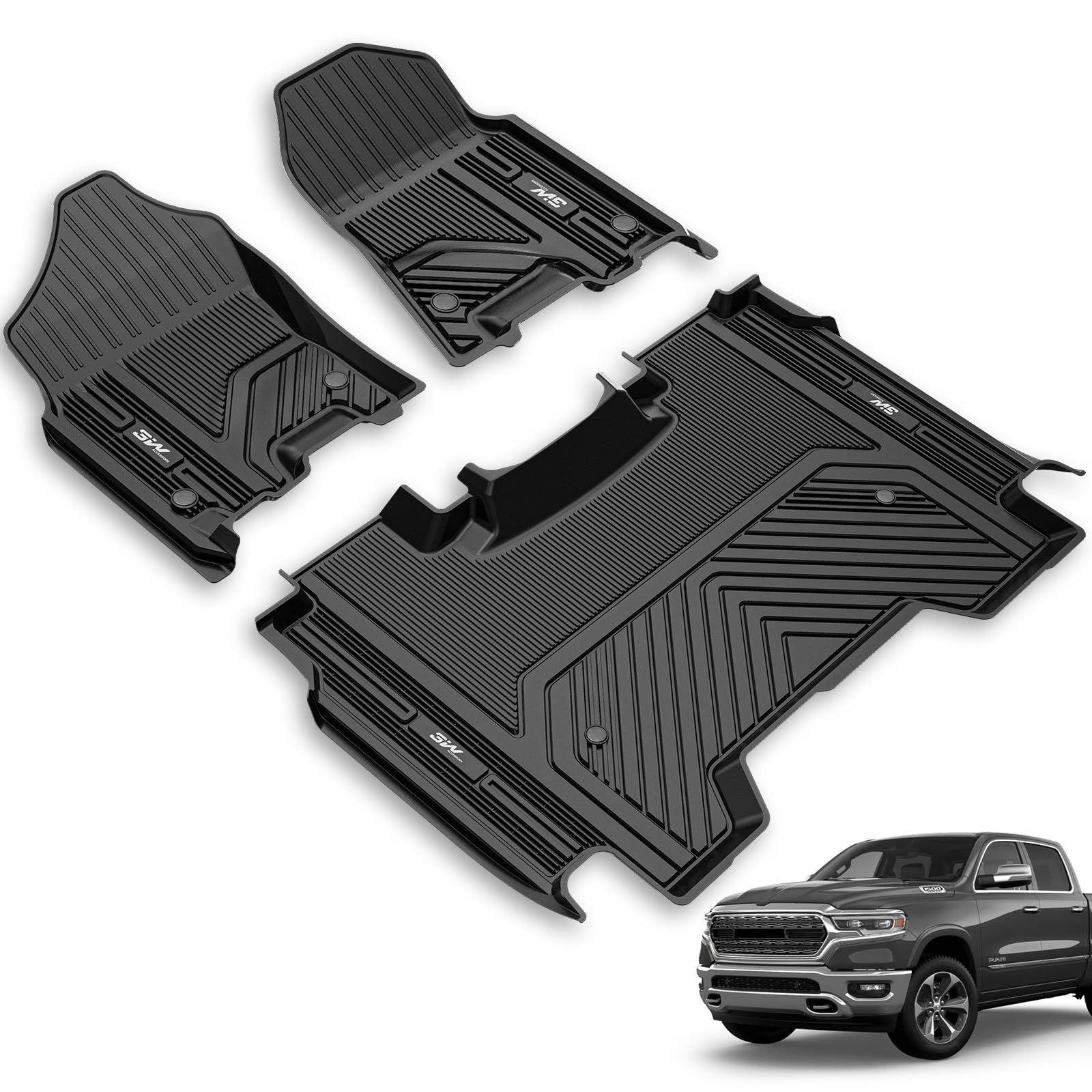 3W Floor Mats Fit For 2019-2024 Dodge Ram 1500 Crew Cab New Body (Not Classic Models) Without Storage, Tpe All Weather Custom Fi