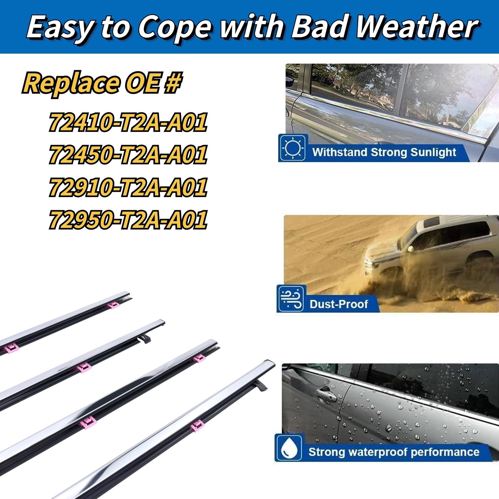 4Pcs Weatherstrip Window Moulding Trim Seal Belt Compatible With 2013-2018 Honda Accord Replaces# 72410-T2A-A01 72450-T2A-A01 72