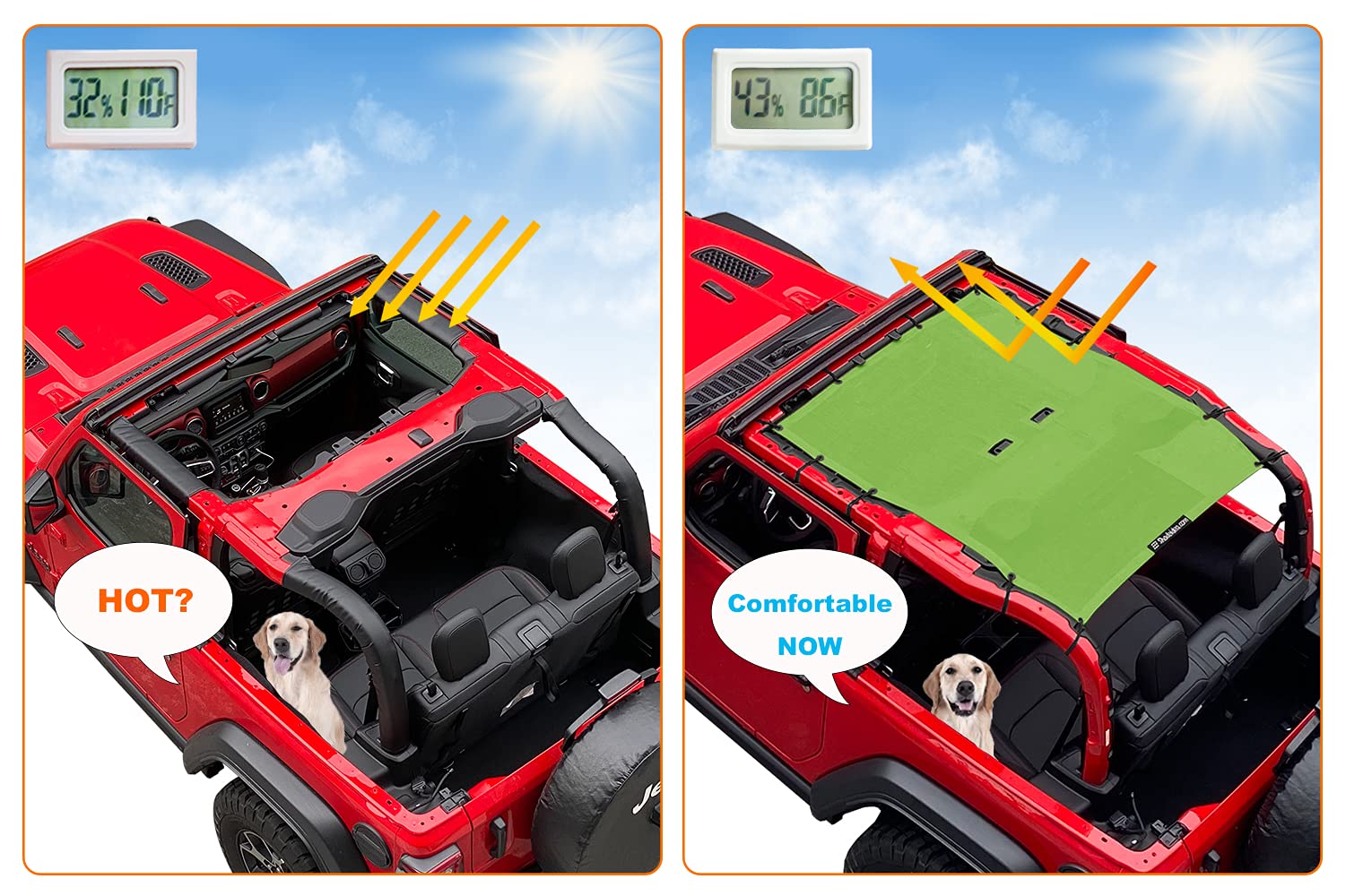 Shadeidea Sunshade Top For Jeep Wrangler Jl 2 Door (2018-2023) Top Sun Shade Front And Rear - Green Mesh Screen Soft Top Sunroof