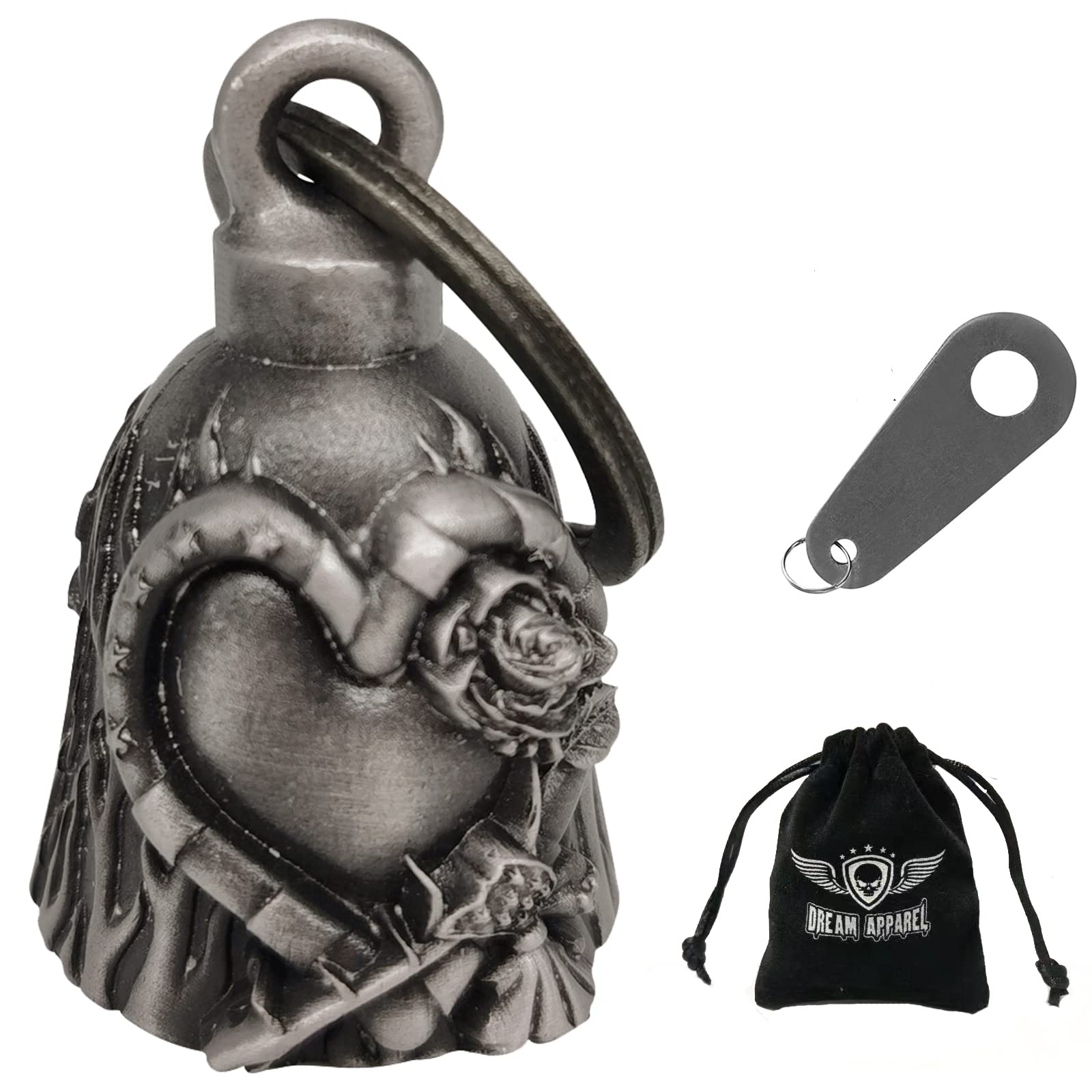 Dream Apparel Motorcycle ride bell for bikers,heavy spirit bells accessory and key chain for luck (DBL12-L Heart with rose)