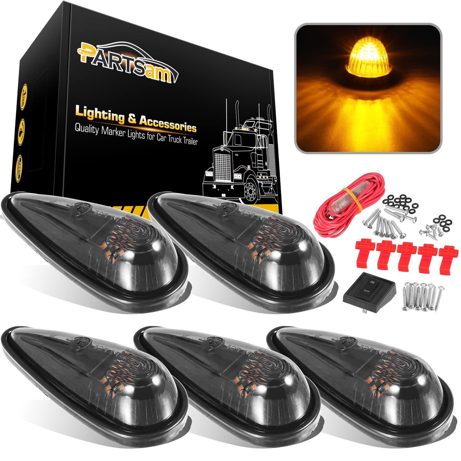 Partsam 5Pcs Front Rear Smoke Lens Teardrop Cab Light 9Led Amber Cab Marker Light Top Clearance Roof Running Light With Wiring P