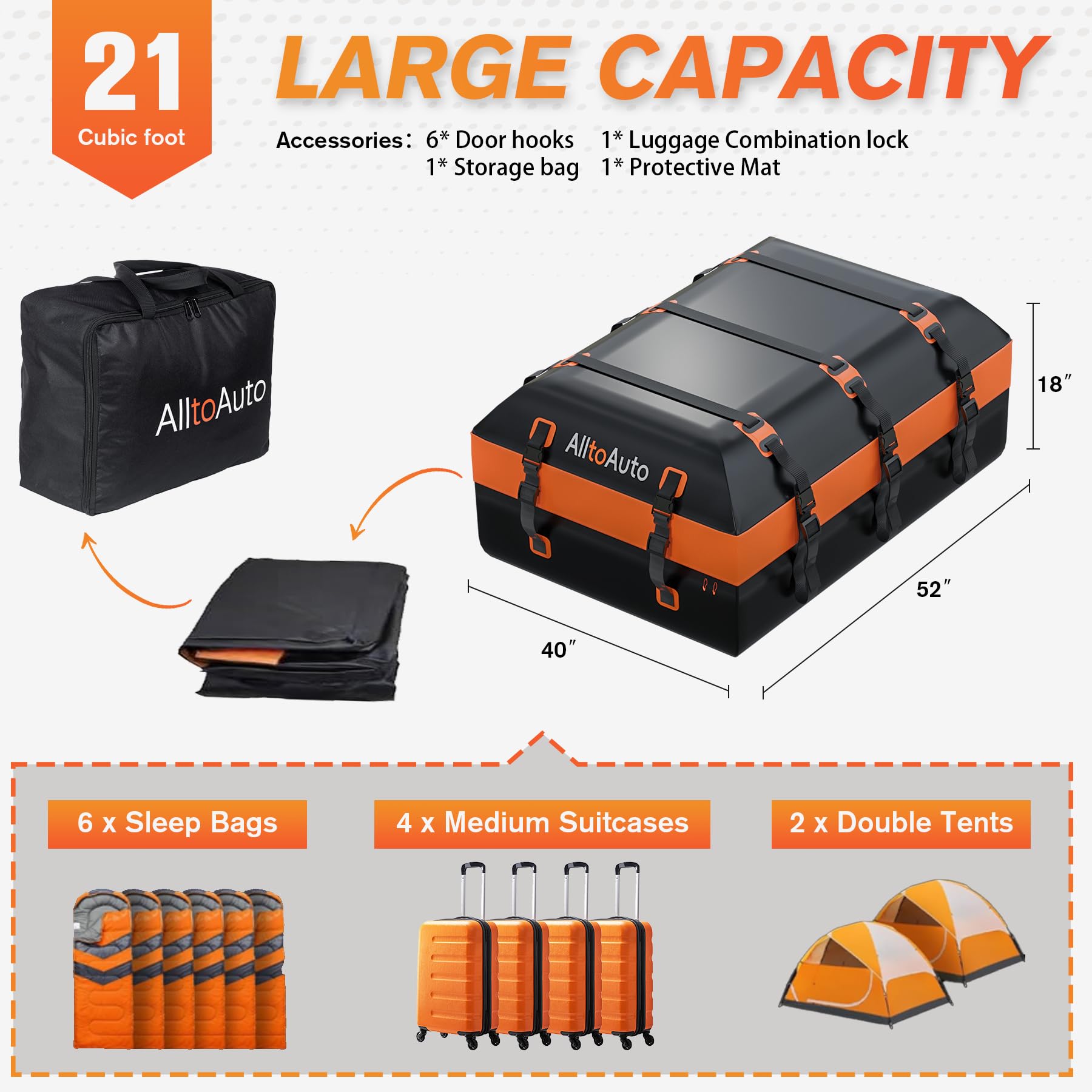 AlltoAuto Car Rooftop top Cargo Carrier 21 Cubic feet Waterproof for All Cars with/Without Rack, Includes Anti-Slip Mat, 10 Rein