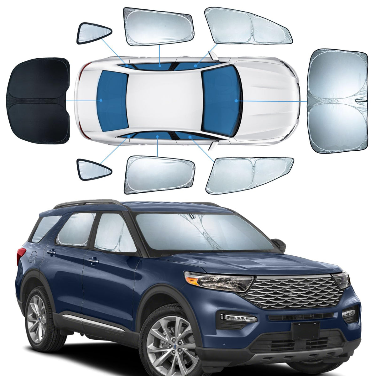 8 PCS Sun Shades for Ford Explorer Windshield Sunshade, 2-Layer Full Window Shades for Explorer 2020-2025 Front Rear Side Window