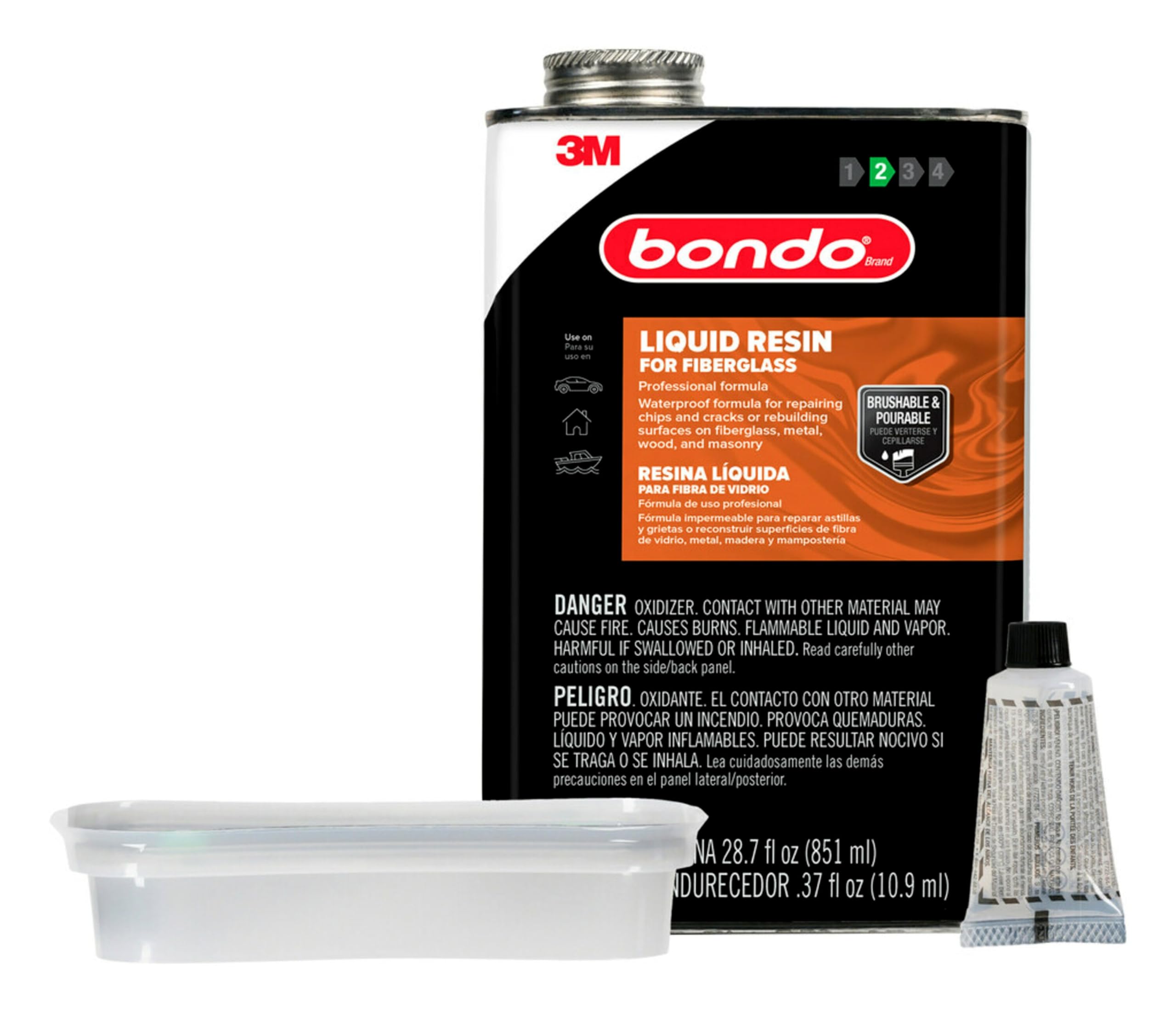3M Bondo Fiberglass Resin 28.7 Us Fl Oz Filler With 0.37 Fl Oz Hardener, Stage 2, Waterproof Formula For Repairing, Resurfacing,