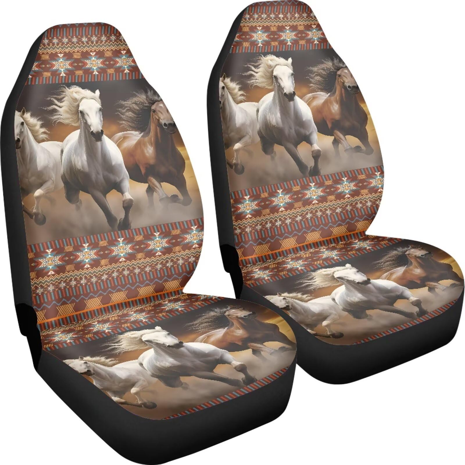 Wanzuoeng Car Seat Covers 2Pcs, Aztec Stripe Horse Print Front Bucket Seat Cover, Stretch Soft Fabric Auto Accessories Auto Seat