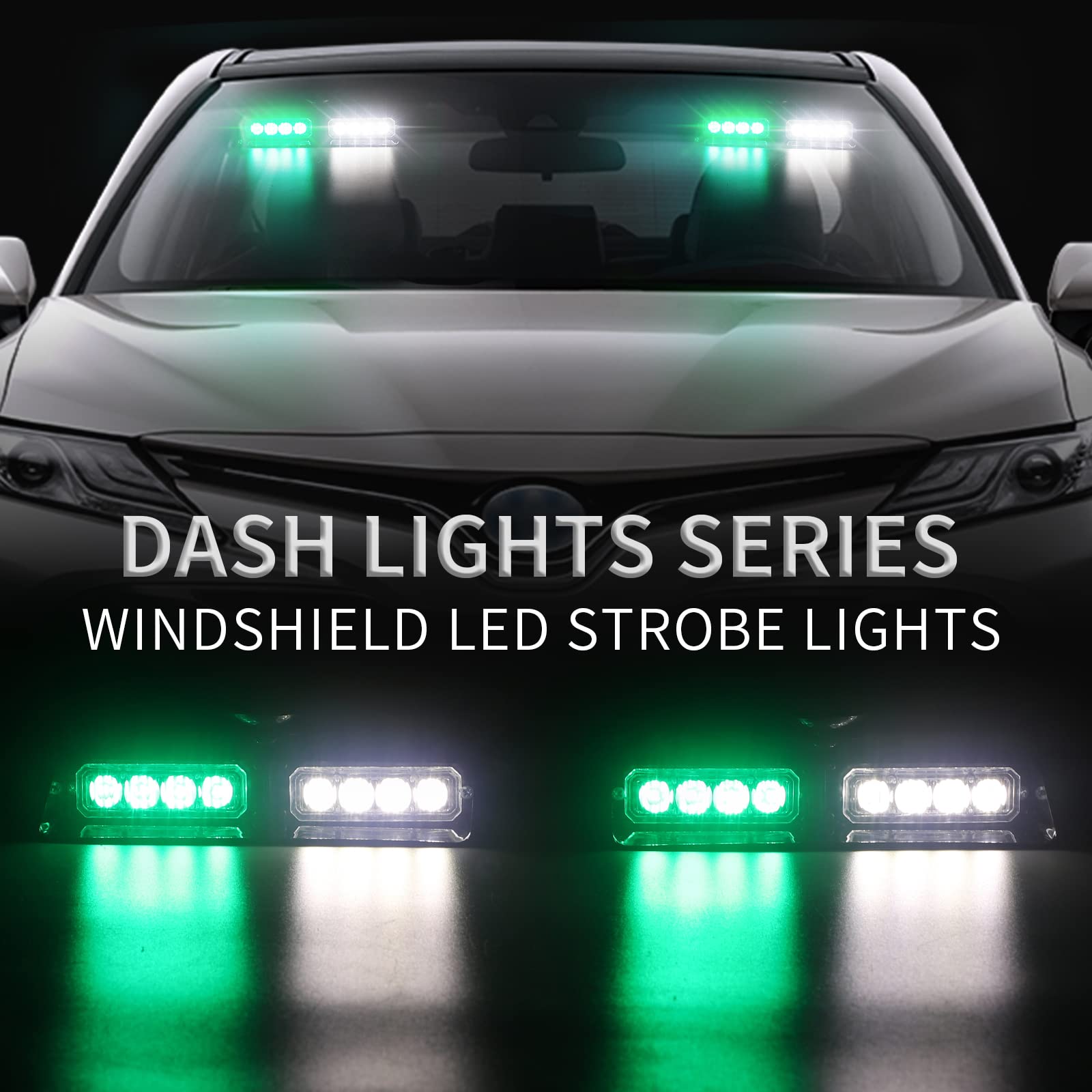 Xridonsen 2 In 1 Green White Dash Emergency Strobe Lights Interior Windshield Warning Safety Flashing Lights W/Suction Cups For