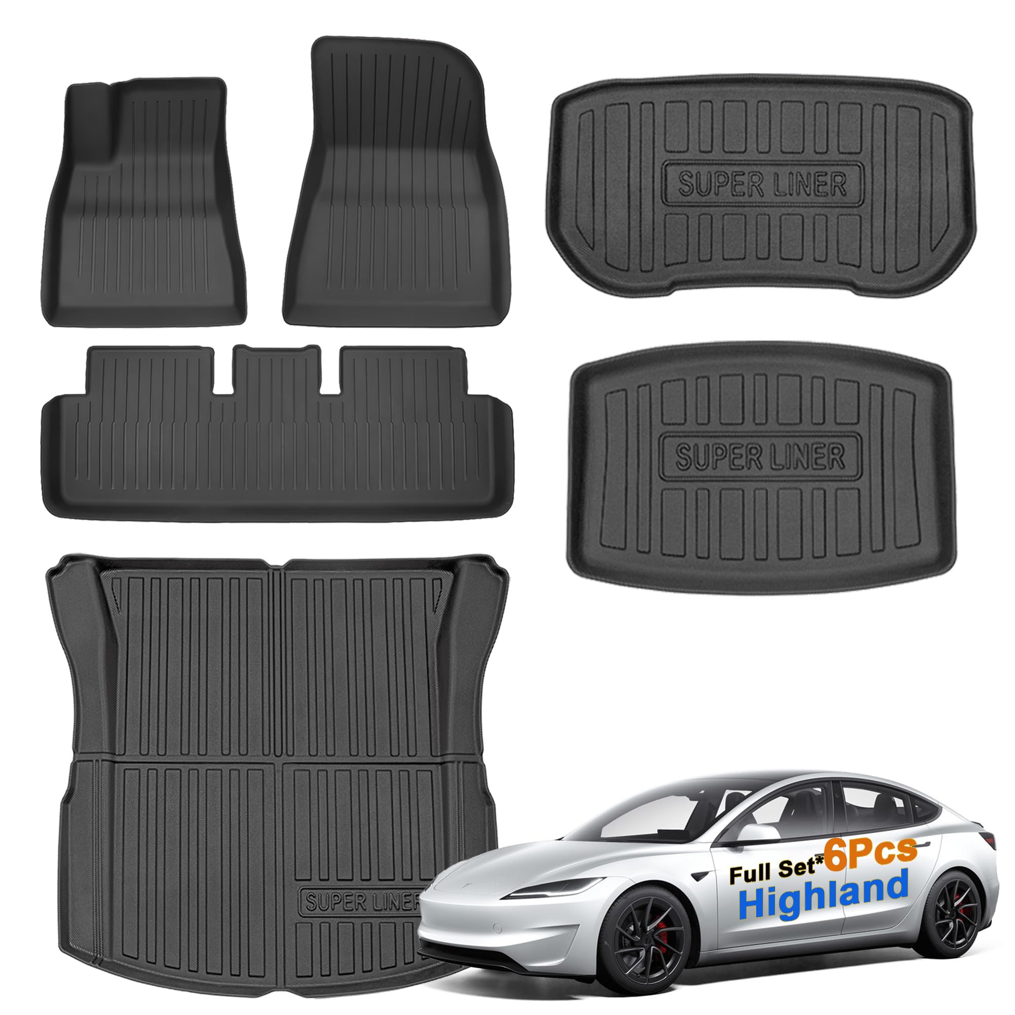 Super Liner Tesla Model 3 Floor Mats 2026 2025 2024 | Custom Fit All-Weather 6-Piece Set Tpe Material| Tesla Model 3 Highland Fl