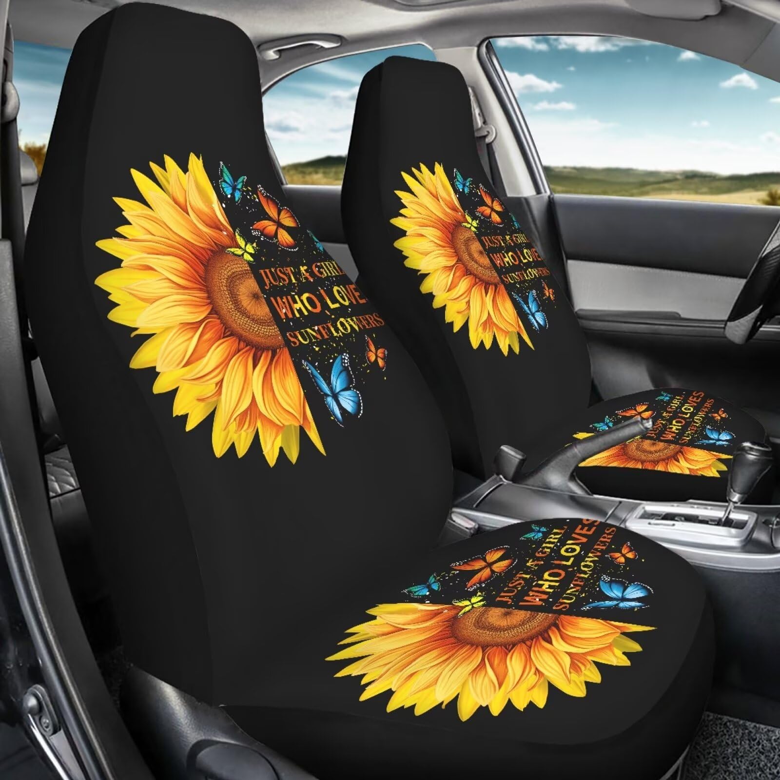 Bigcarjob Sunflower Print Car Seat Cover Set For Front Seat Only,Sunshine Sunflower Auto Front Seat Protector Full Set Butterfly