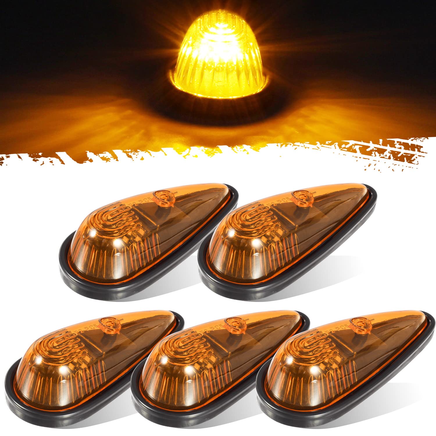 Partsam Amber Teardrop Cab Light 9Led Cab Marker Light 5Pcs Front Rear Top Clearance Roof Running Light With Wiring Pack For Tru