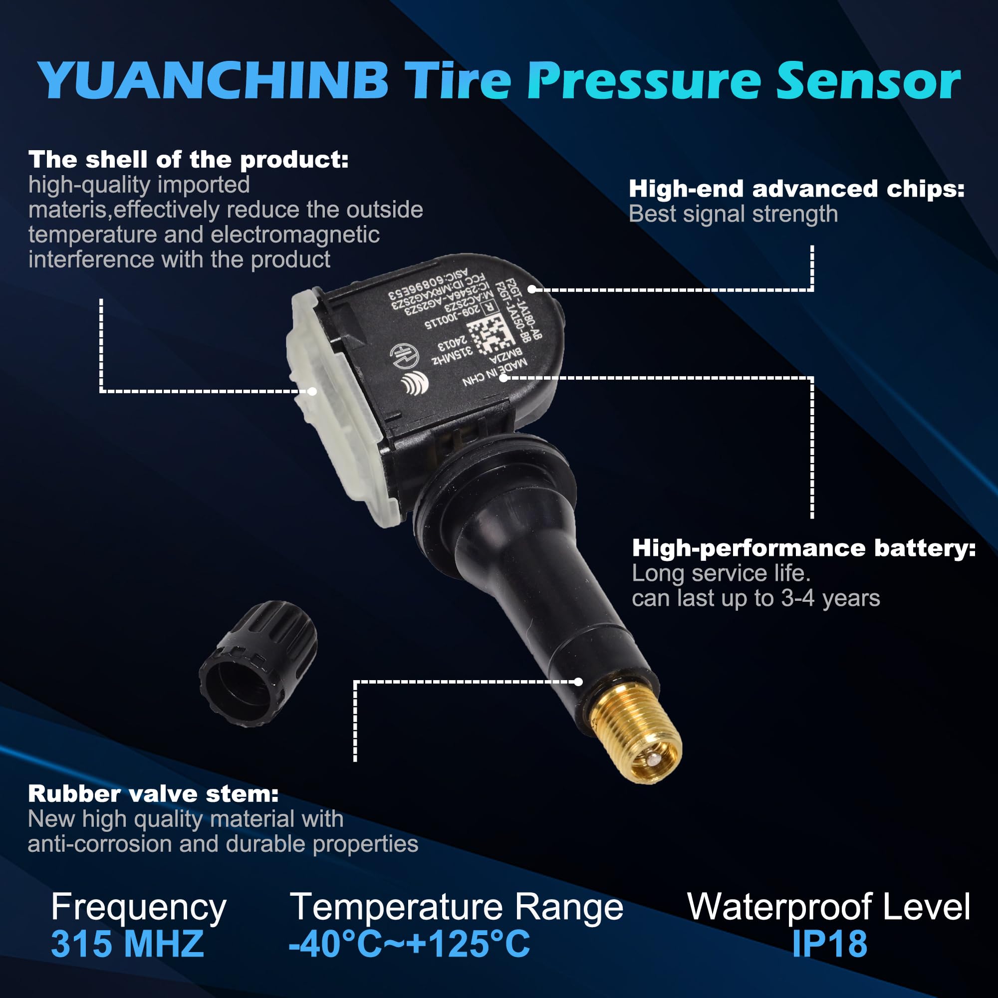 YUANCHINB F2GZ-1A189-A TPMS Sensors Set of 4 for Ford F150 Edge Explorer Escape Lincoln MKT MKX 315MHz Replaces F2GZ