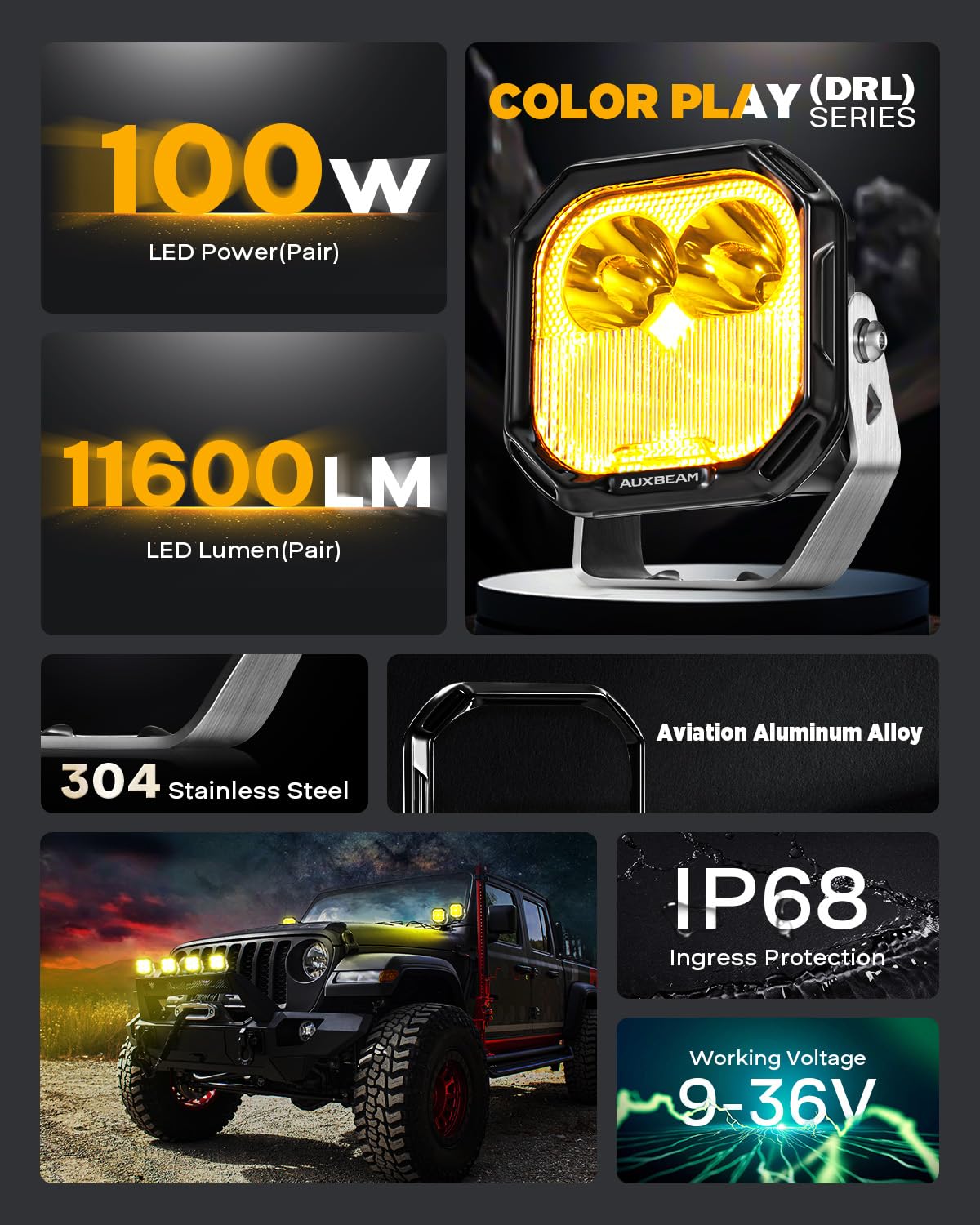 Auxbeam Color Play Series Flood Spot Combo Beam 3 Inch 100W Led Pod Lights With Amber/White Drl & Turn Signal Dual Color Lens Co