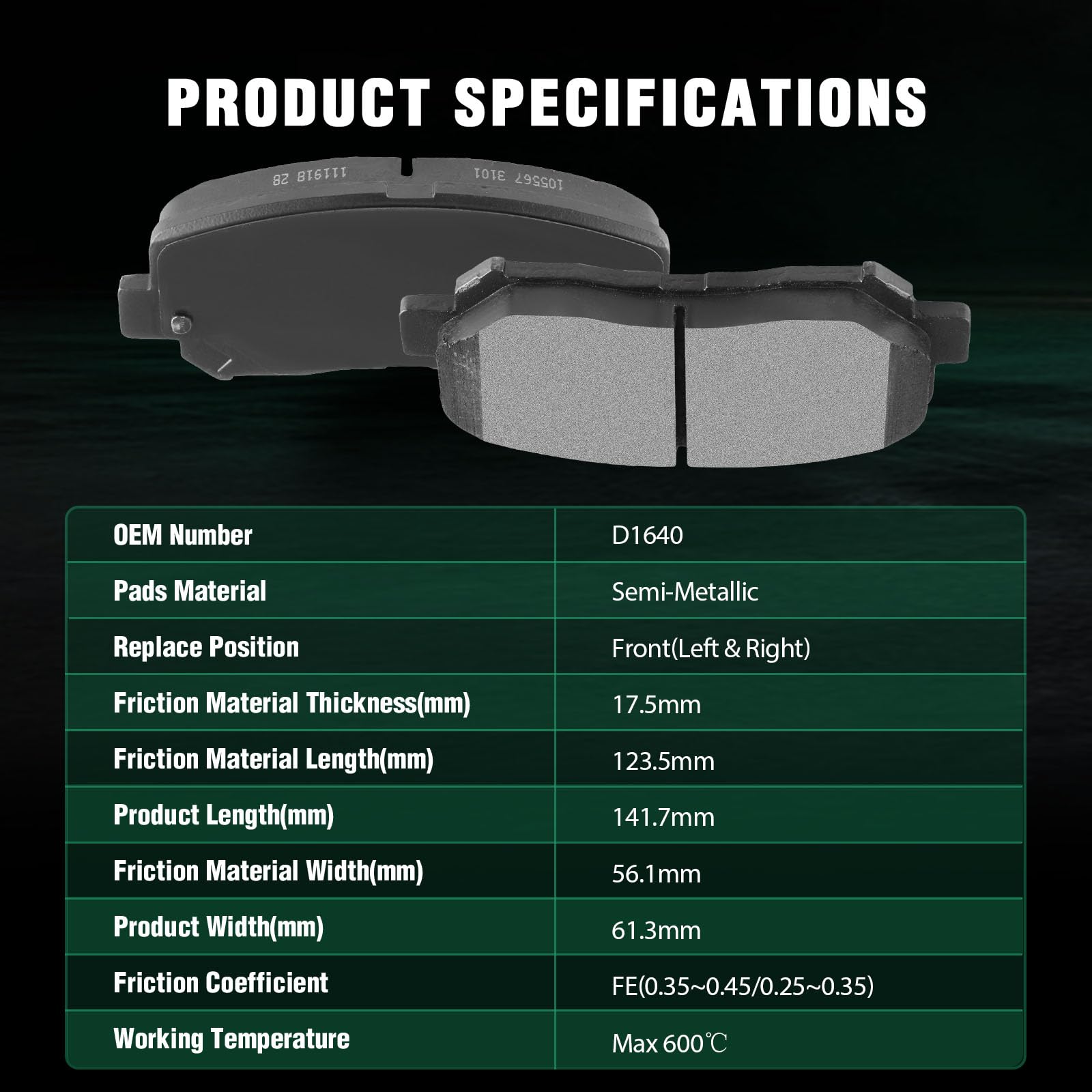 Automuto 4Pcs Front Semi-Metallic Disc Brake Pads Set D1640 For Chrysler 200 2015-2016,For Dodge Dart 2013-2016,For Jeep For Che