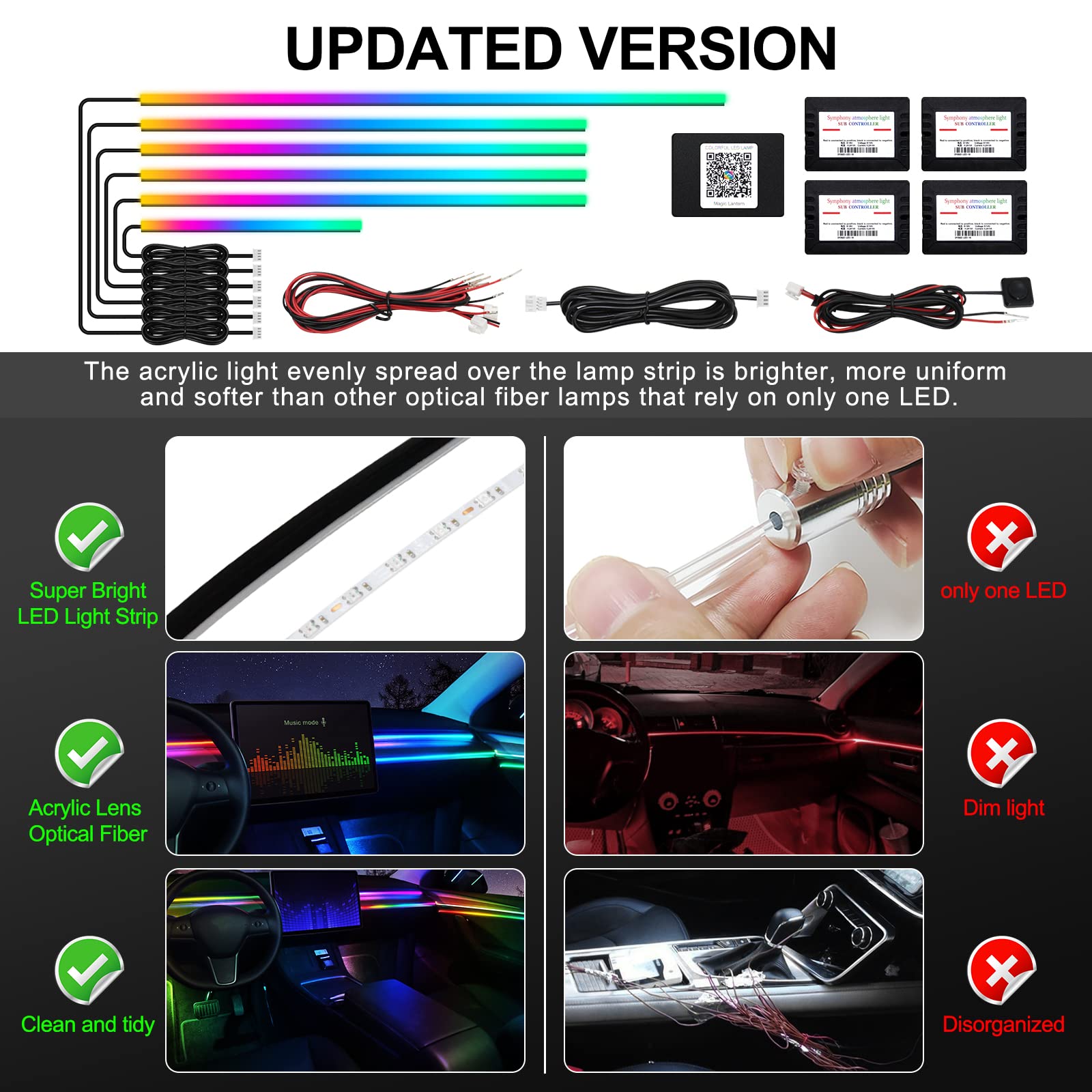 Acrylic Interior Car Led Strip Light With Wireless App, Rgb Dreamcolor 6 In 1 With 175 Inches 593 Leds Fiber Optic Ambient Light