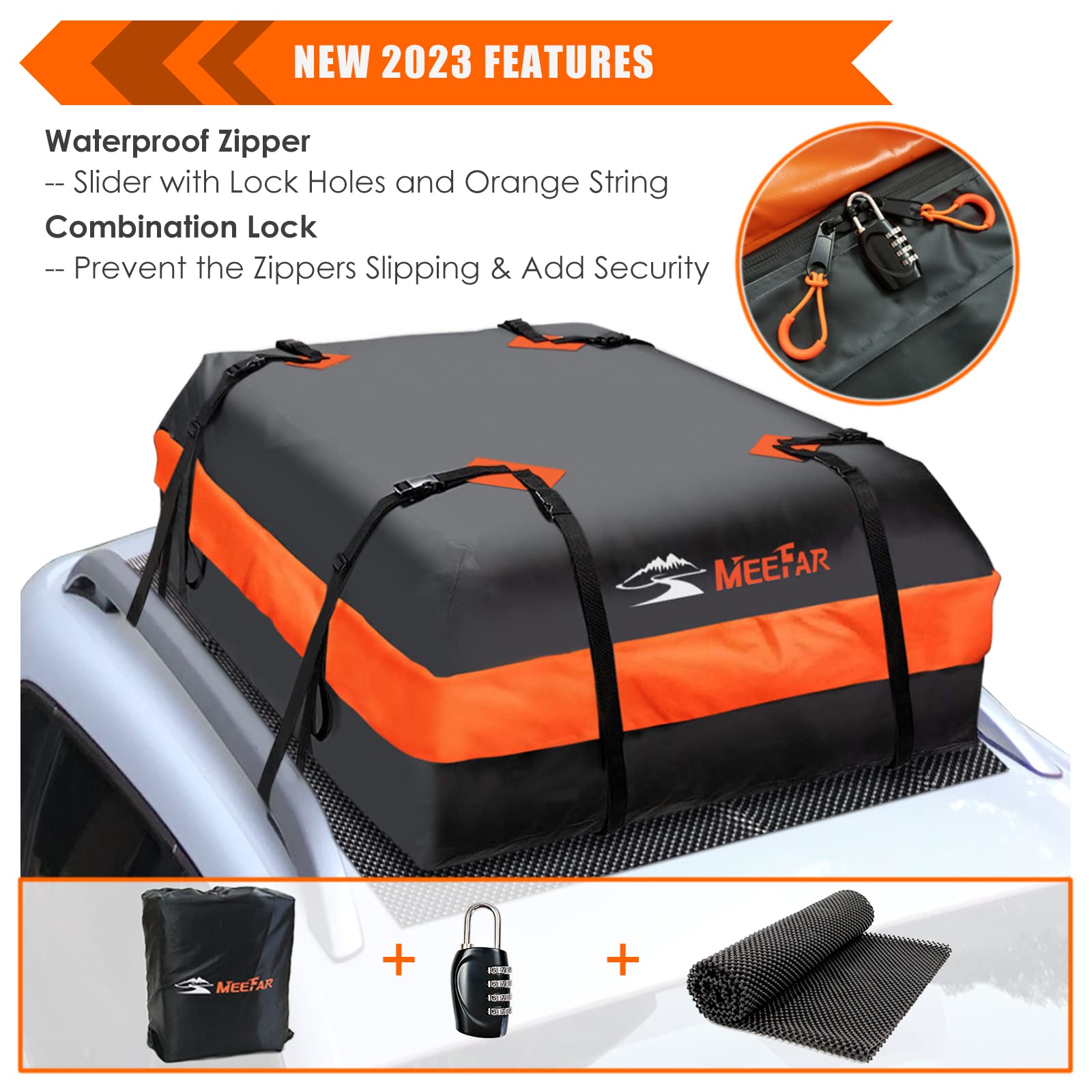 Meefar Car Roof Bag Xbeek Rooftop Top Cargo Carrier Bag Waterproof 15 Cubic Feet For All Cars With/Without Rack, Includes Anti-S