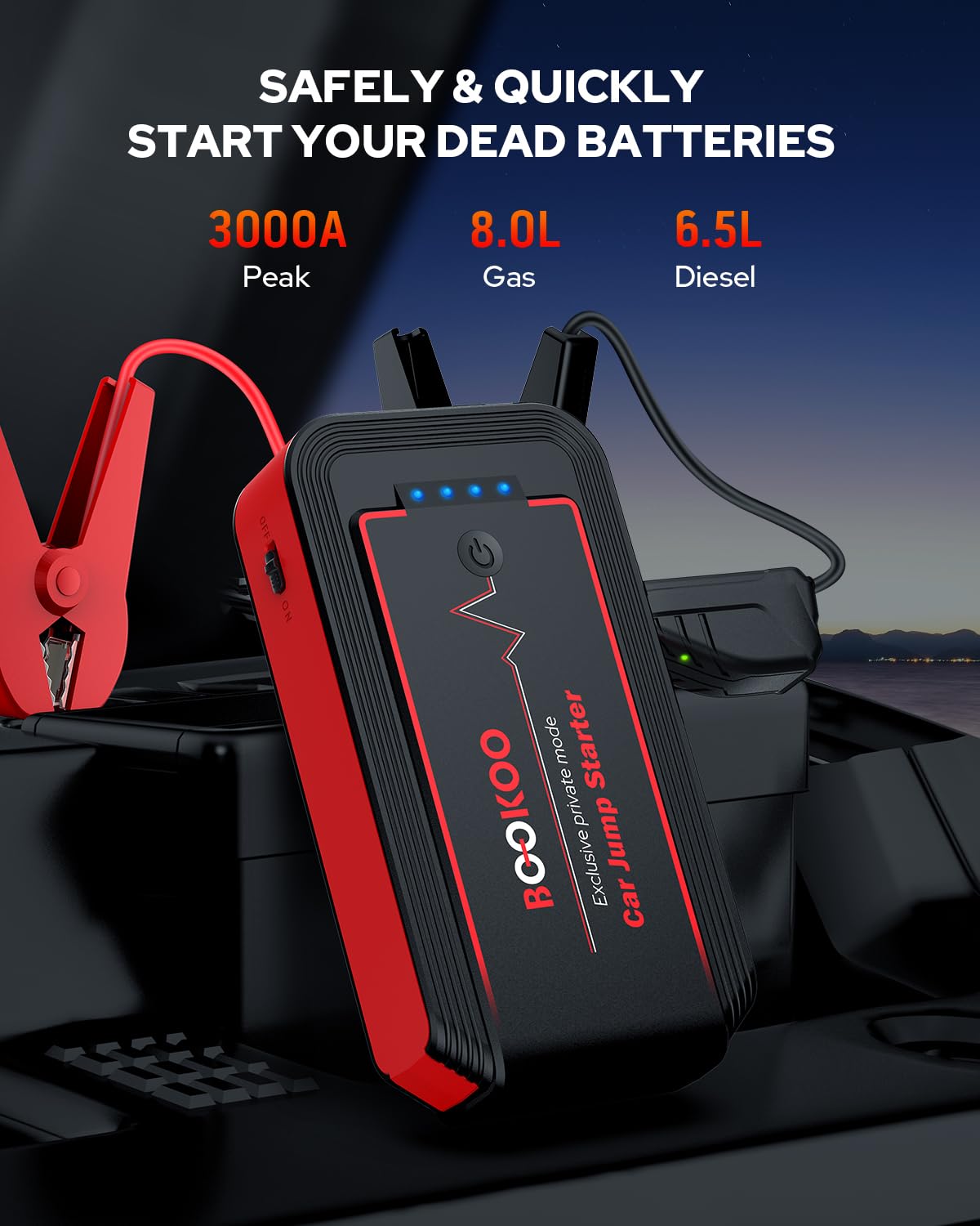 BooKoo Jump Starter 3000A - Portable Car Battery Jumper Pack for 12V Gas & 8.0L Diesel, Red & Black, Model H9, with Power Bank