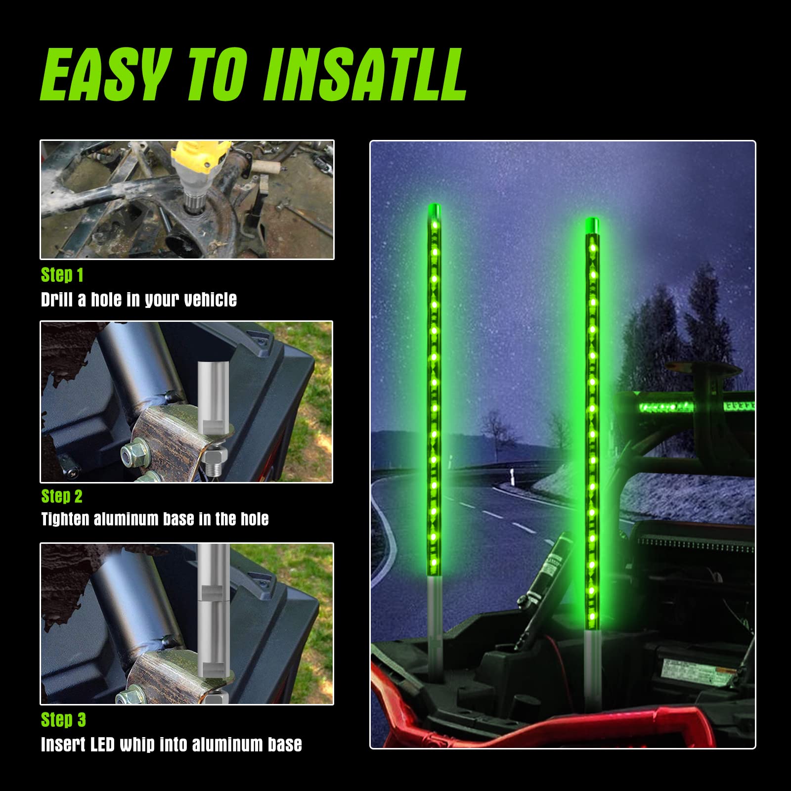 2PCS 1.2M Green LED Whip Light for Truck, BESTZHEYU 4FT ATV UTV LED Whip Light Antenna Whips for RZR Polaris Off-Road Sand Dune