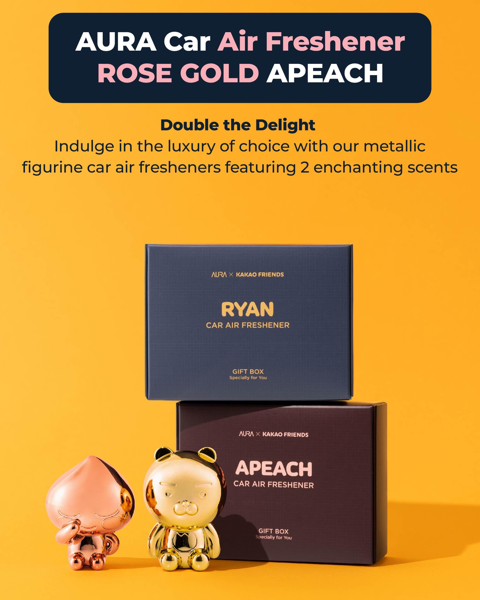 Aura Car Air Freshener Vent Clip, Rose Gold Apeach (2 Scents, 0.07Fl Oz*2) - Long-Lasting Odor-Fighting Scent. Kakao Friends Fig