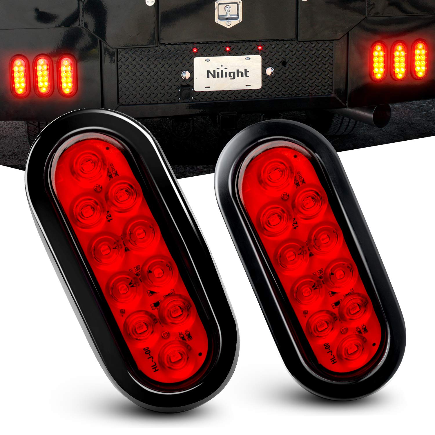 Nilight - Tl-01 6'' Oval Red Led Tail 2Pcs W/Surface Mount Grommets Plugs Ip65 Waterproof Stop Brake Turn Trailer Lights For Rv
