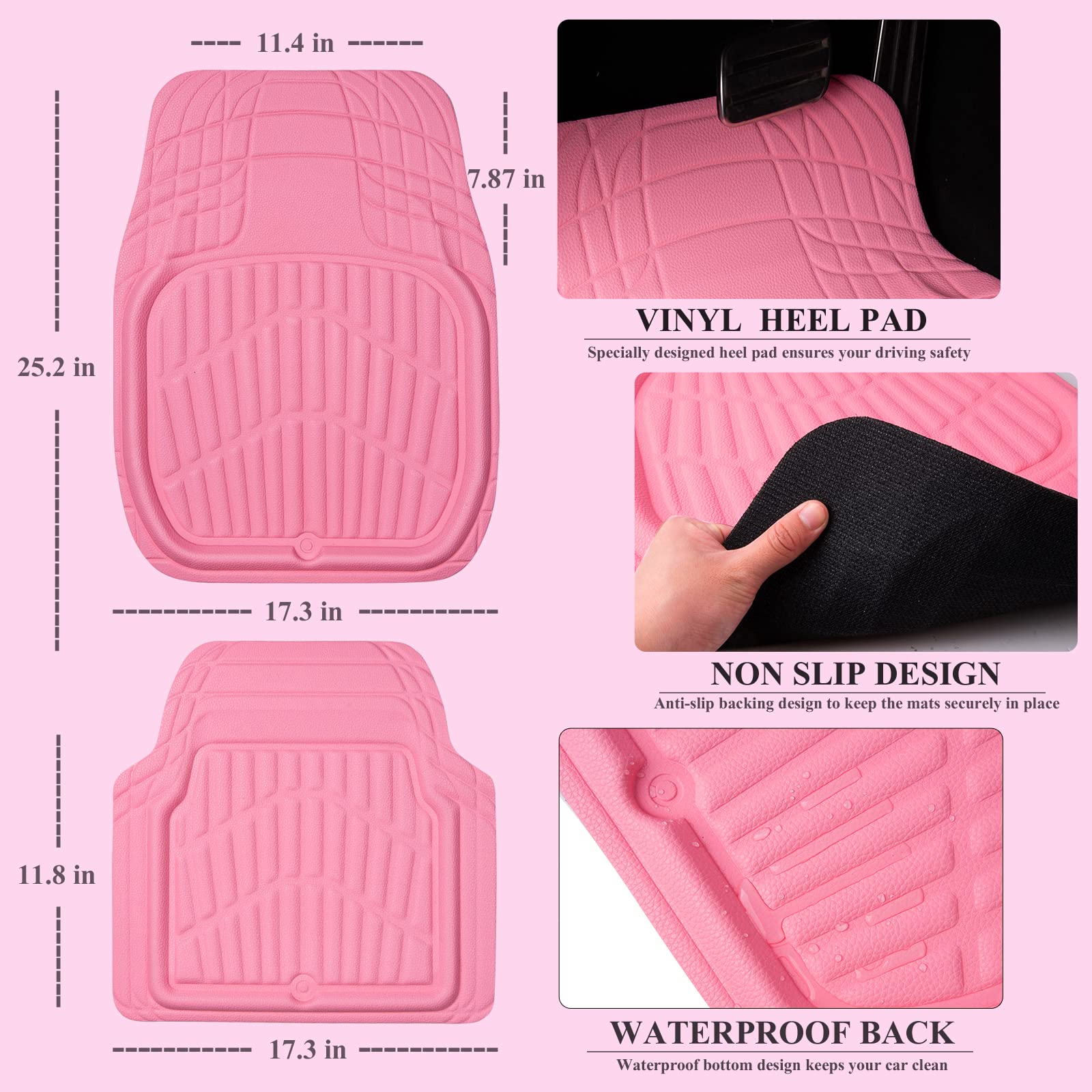 Car Pass 4 Piece Leather Car Floor Mats -3D Cute Girly Waterproof All Weather Car Mat Full Set, Universal Trim To Fit & Anti-Slip Burr Bottom & Light Easy Clean For Suv Truck Auto Sedan Van(Pink)