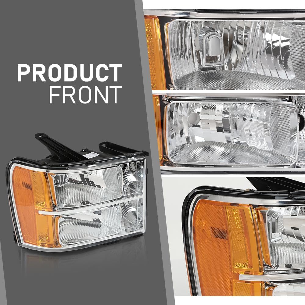 Cheda Front Headlight Assembly Headlamp, Compatible With 2007-2013 Gmc Sierra 1500 2500Hd 3500Hd, Crystal Headlight, Clear Lens