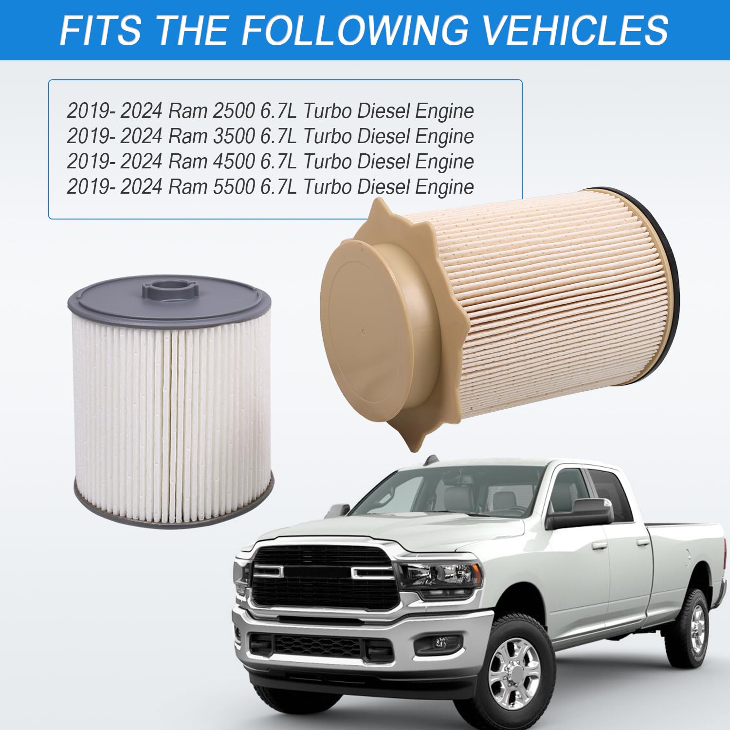 Carmocar Fuel Filter Water Separator Set 68157291Aa And 68436631Aa Replacement For 2019-2024 Ram 2500 3500 4500 5500 6.7L Turbo
