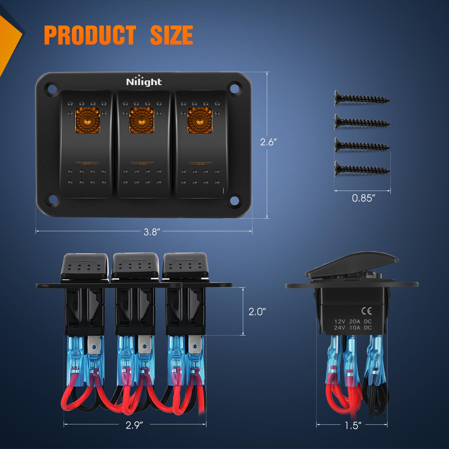 Nilight 3 Gang Rocker Switch Panel With Orange Led Light 5 Pin On Off Pre-Wired Rocker Switch Aluminum Panel Toggle Switch Panel