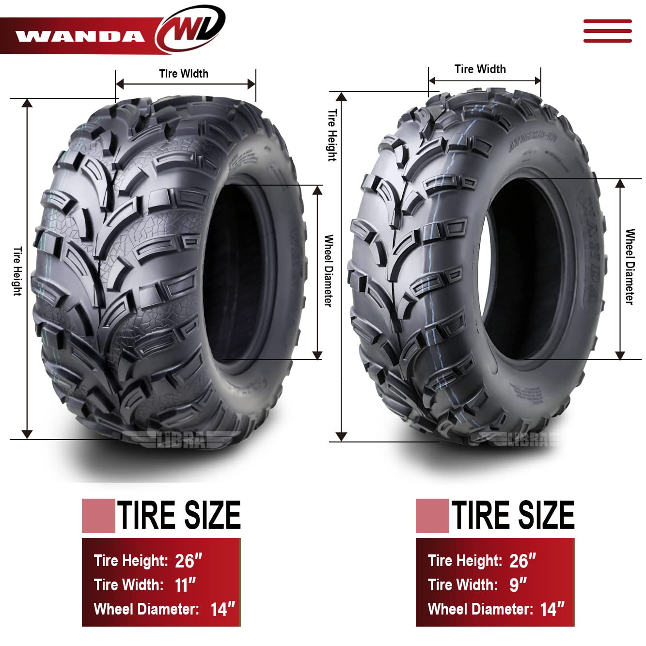 Wanda Set Of 4 Atv Utv Tires 26X9-14 Front & 26X11-14 Rear 6Pr Mud