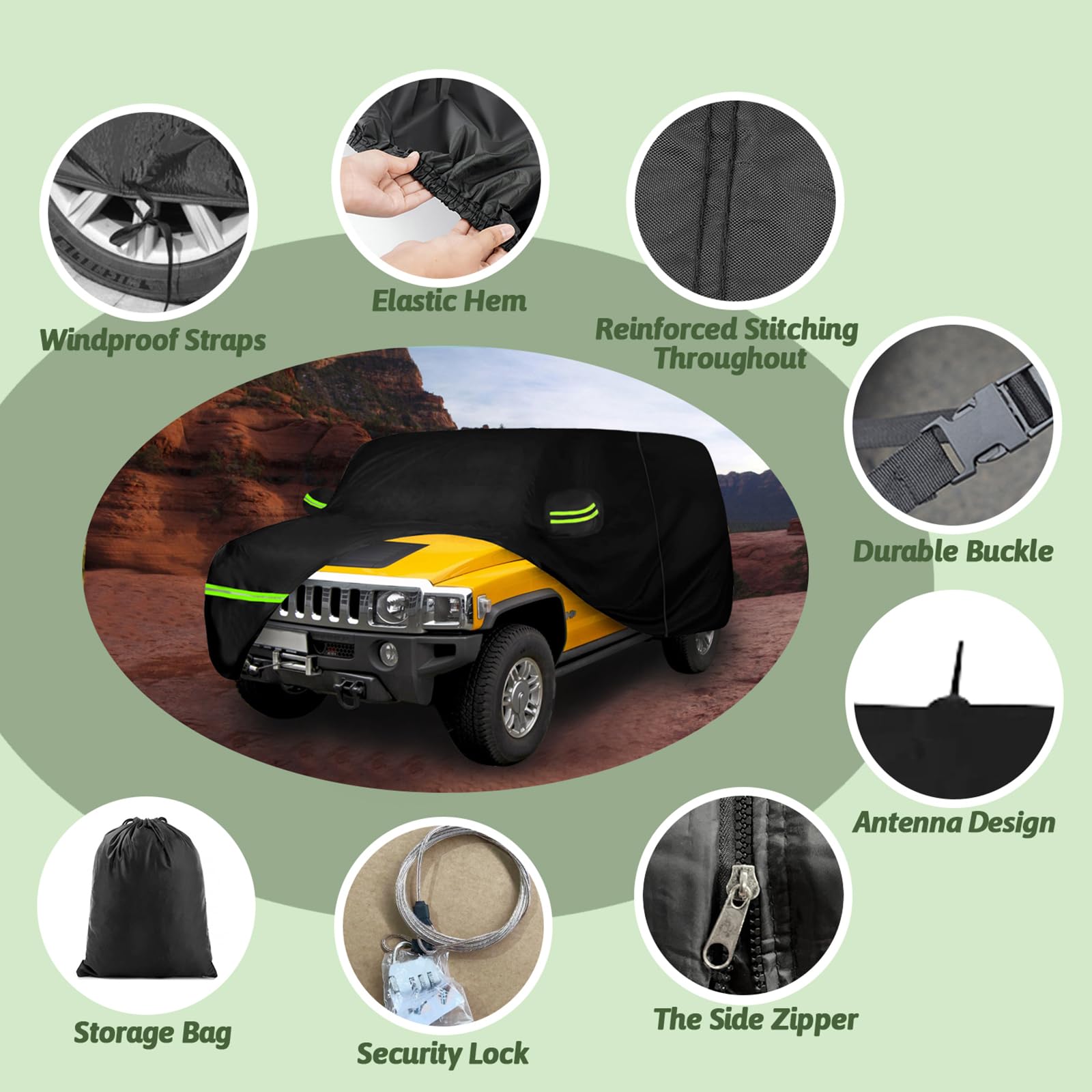 BETERNY Car Cover for Hummer H3 SUV 2006-2010, 210T Waterproof Sun Rain UV Dust Snow Protection Outdoor H3 Full Car Cover with W