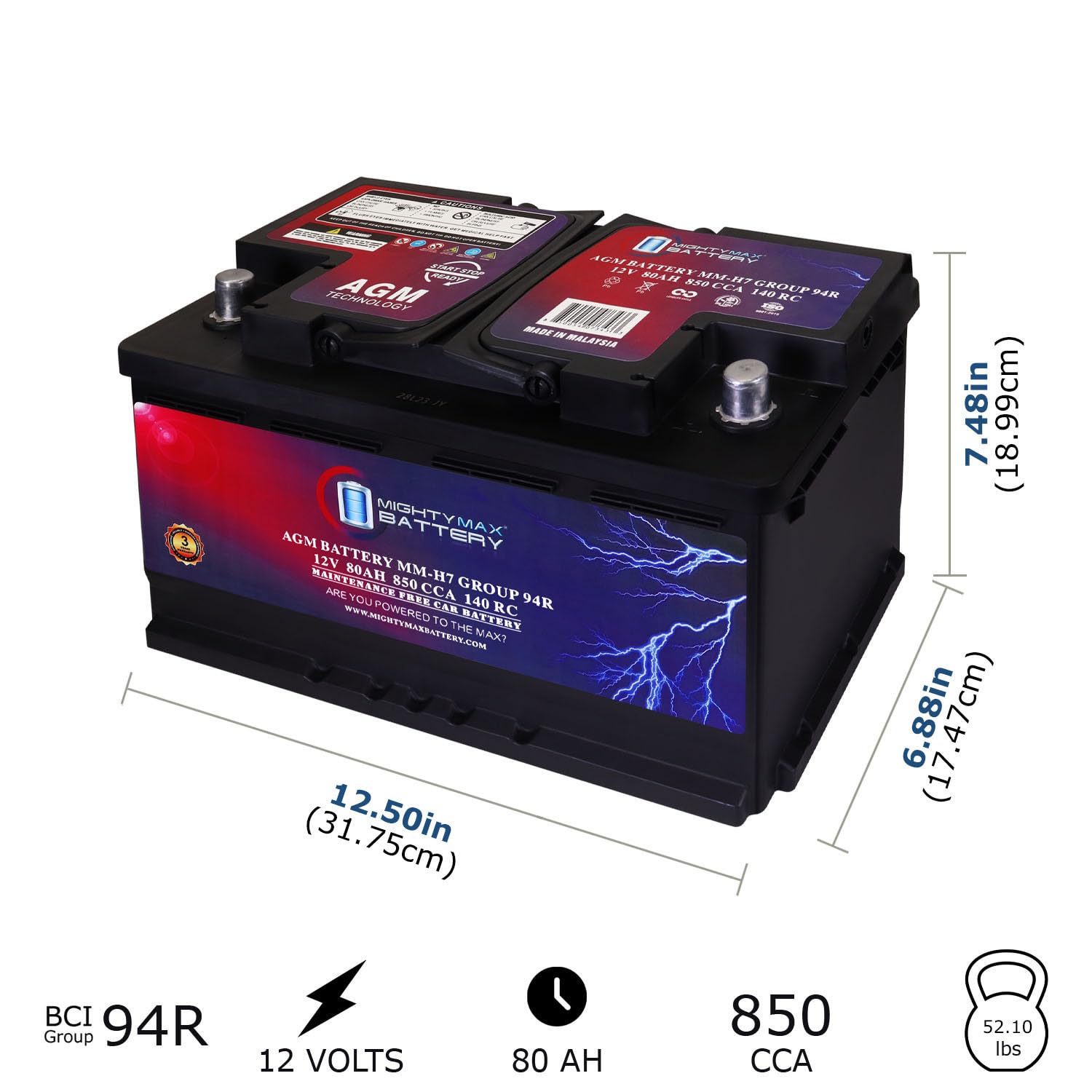 Mighty Max Battery MM-H7 Start and Stop Car BCI Group Size 94R 12V 80AH, 140RC, 850 CCA Rechargeable AGM Car Battery