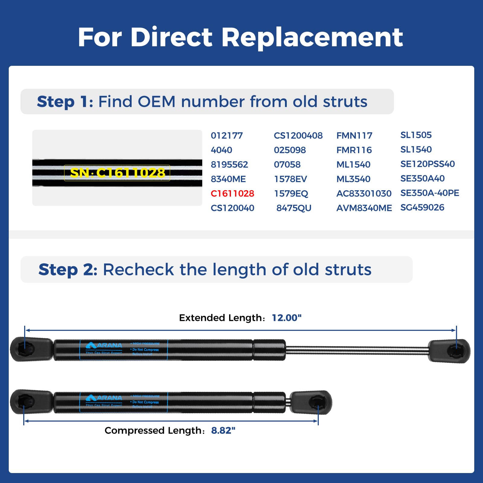Arana C1611028 12 Inch Gas Struts Spring Lift Support 12 '' 40Lb 180N Shocks For Truck Weatherguard Tool Box Lid Leer Camper She