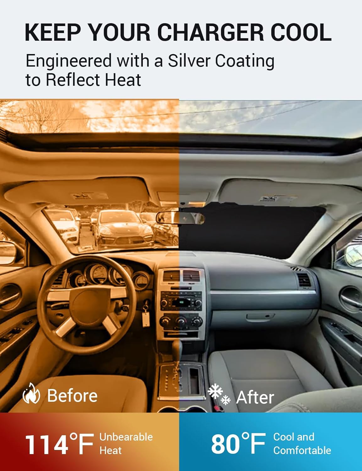 Proadsy 2025 Upgrade Windshield Sun Shade Custom Fit Dodge Charger 2006-2010 4-Layer Foldable Front Sunshade Protector Sun Visor