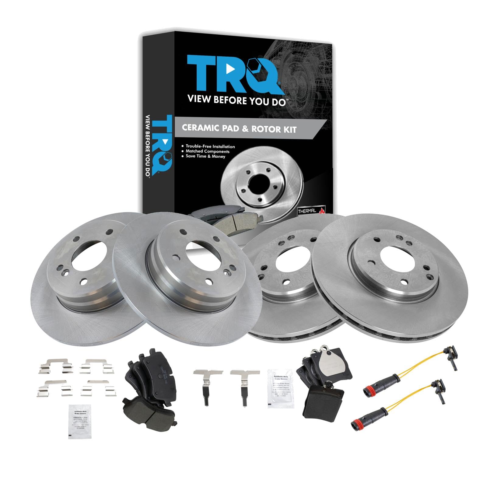 Trq Front And Rear Brake Pad & Rotor Kit Brake Pad Wear Sensor Brake Pads Brake Rotor Ceramic Compatible With 2003-2005 Mercedes