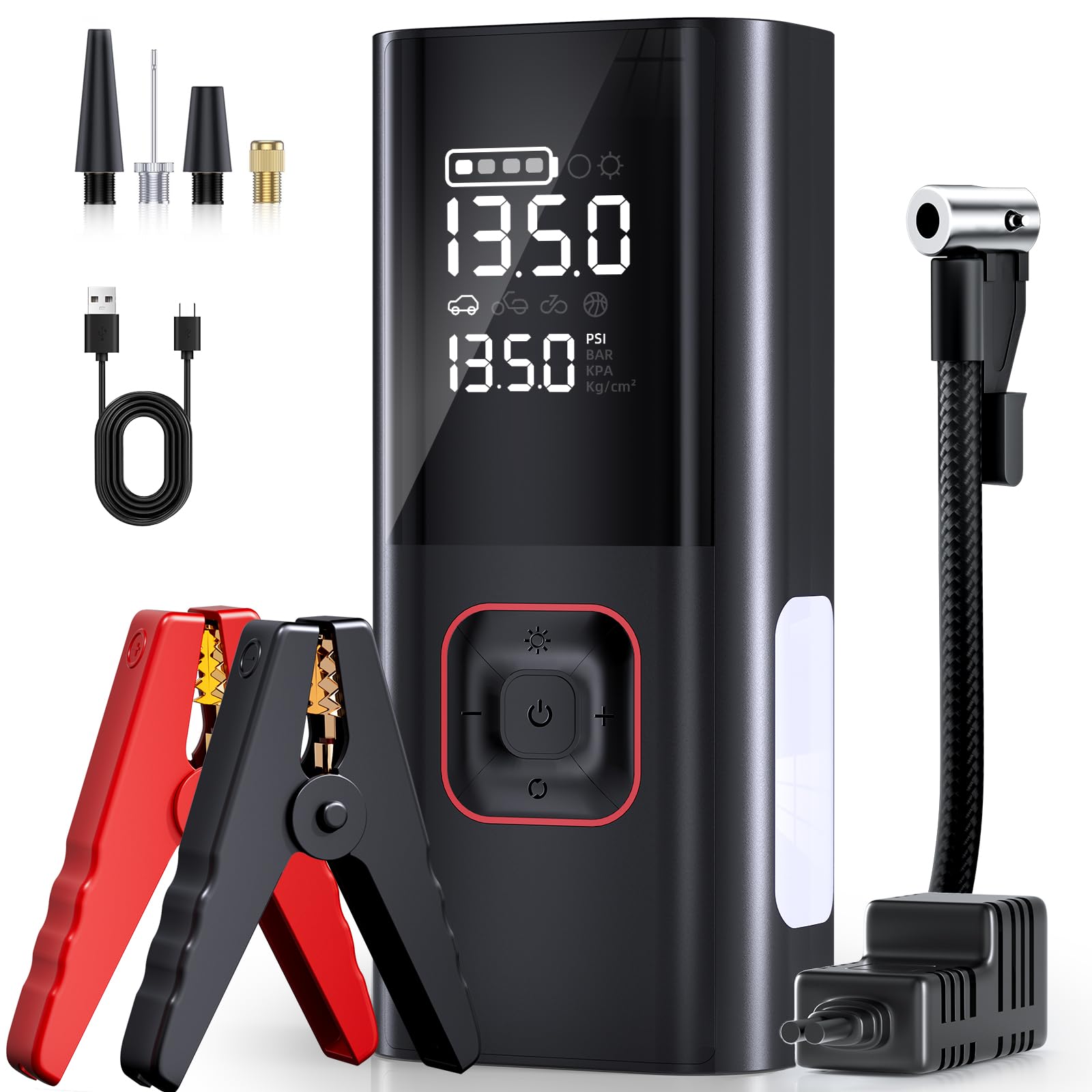 Jump Starter with Air Compressor, 5000A Battery Jumper Starter Portable (9L Gas/8L Diesel) with 160PSI Auto-Shutoff Tire Inflato