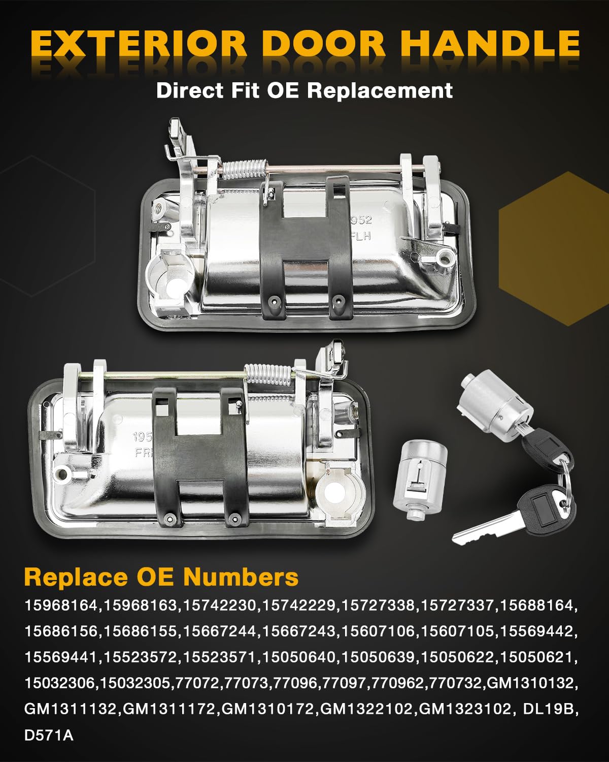 Chrome Exterior Door Handles, W/ Lock Cylinders & Keys, Compatible With 1988-2001 Chevy K1500 K2500 K3500 C1500 C2500 C3500, Gmc