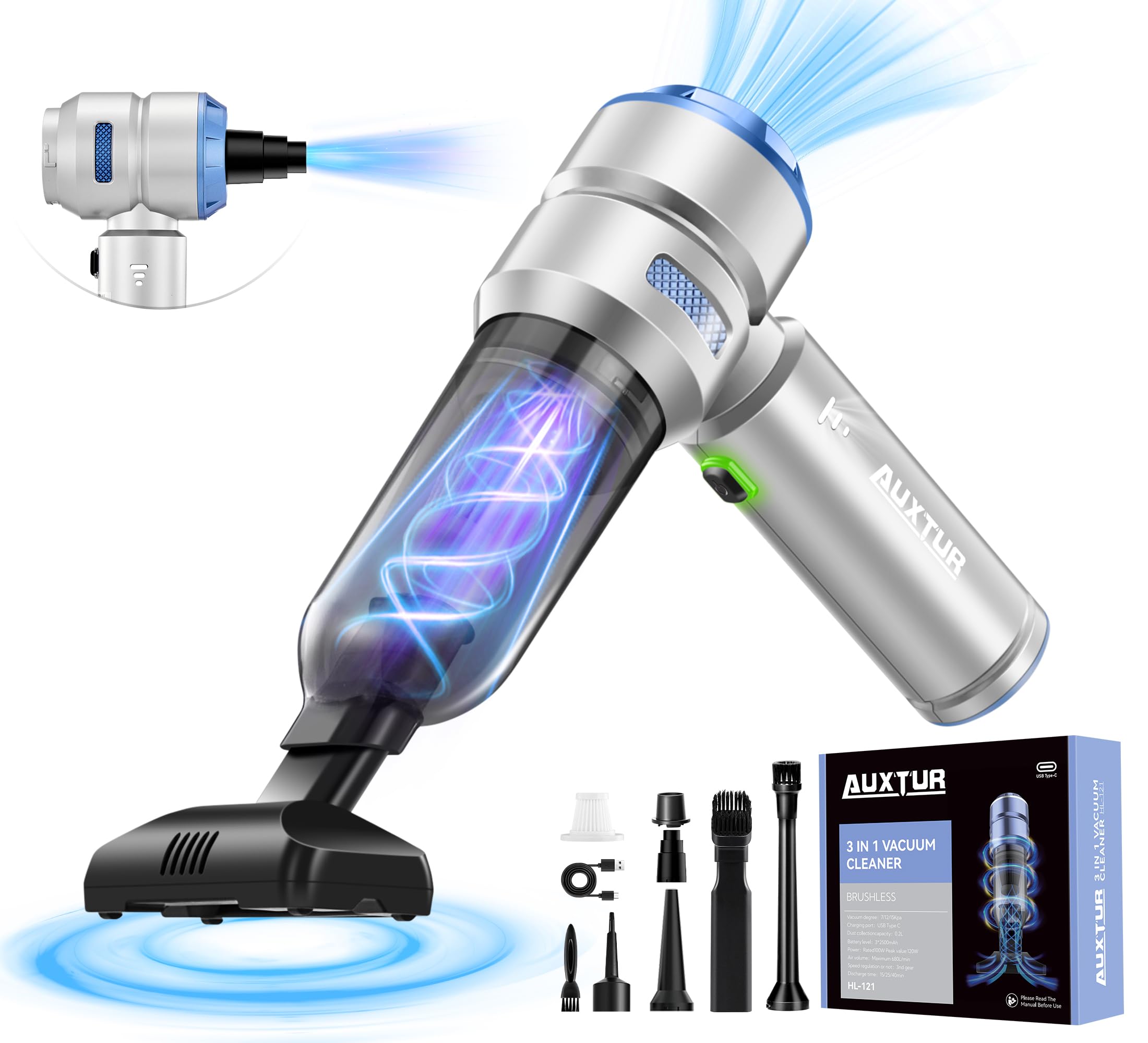 AUXTUR Handheld Cordless Car Vacuum|3 in 1 15000PA Mini Cleaner,120W High Power Brushless Motor,Super Suction Power Vacuums with