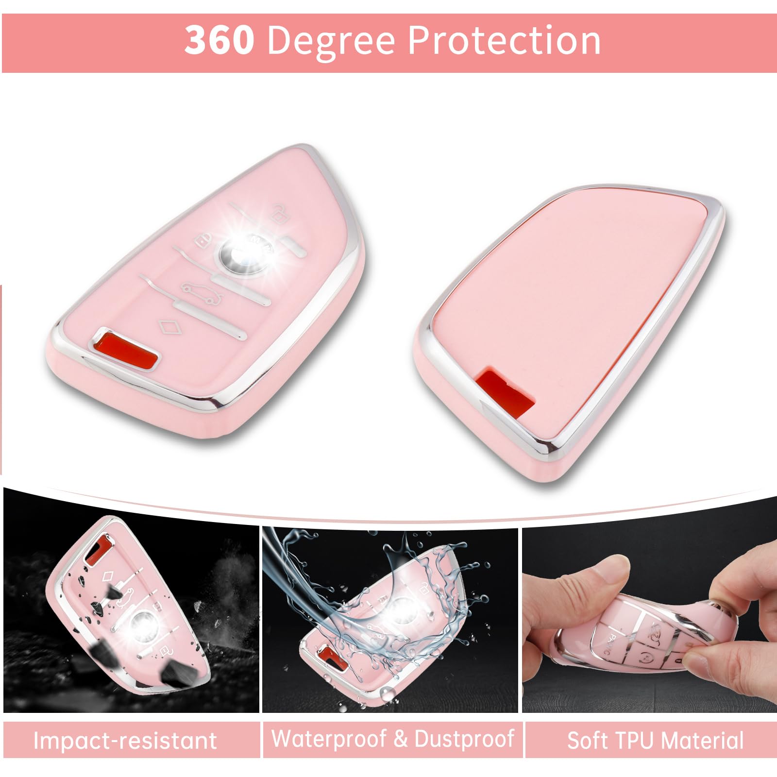 Pangpai Pink Key Fob Cover for BMW, Soft TPU Key Case Protection with Bling Keychain Fit for BMW X1 X2 X3 X5 X6 X7 and Series 1